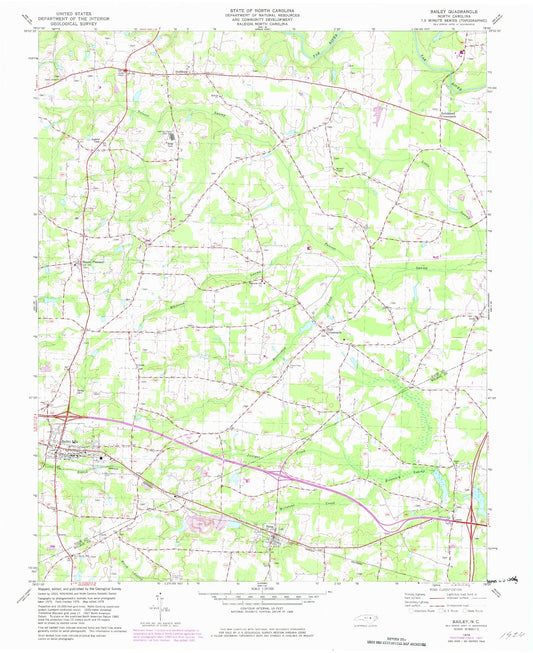 Classic USGS Bailey North Carolina 7.5'x7.5' Topo Map Image