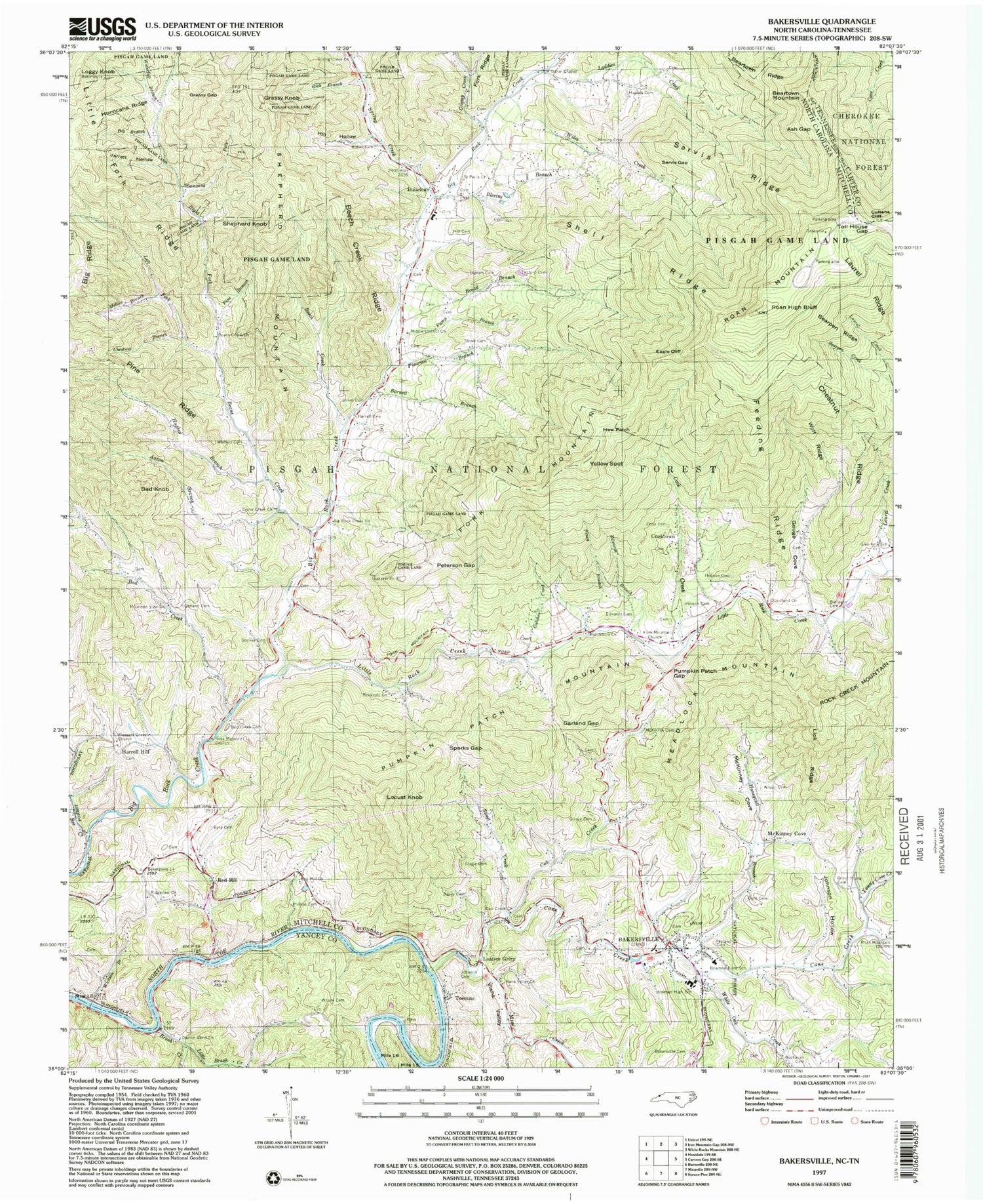 Classic USGS Bakersville North Carolina 7.5'x7.5' Topo Map Image