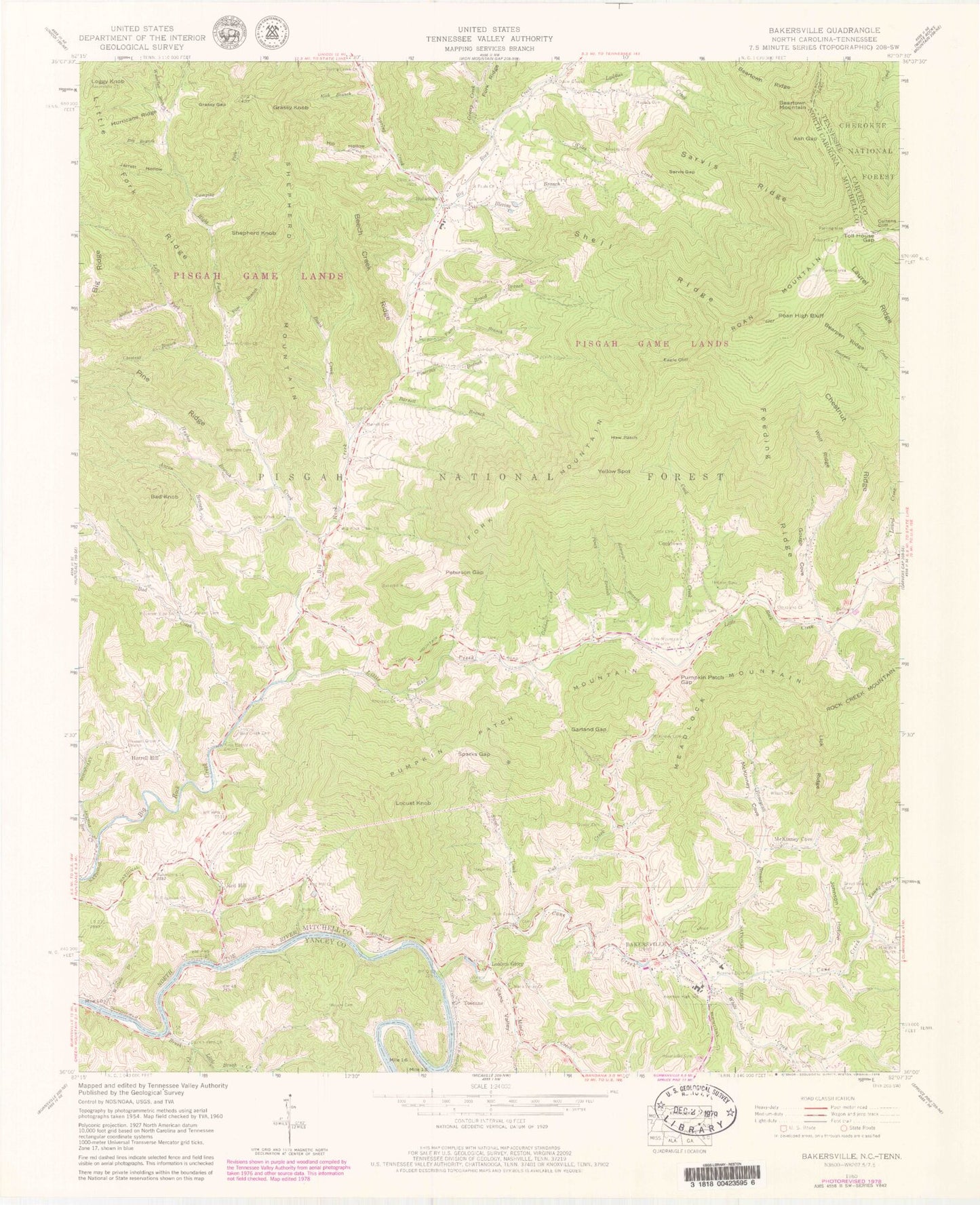 Classic USGS Bakersville North Carolina 7.5'x7.5' Topo Map Image