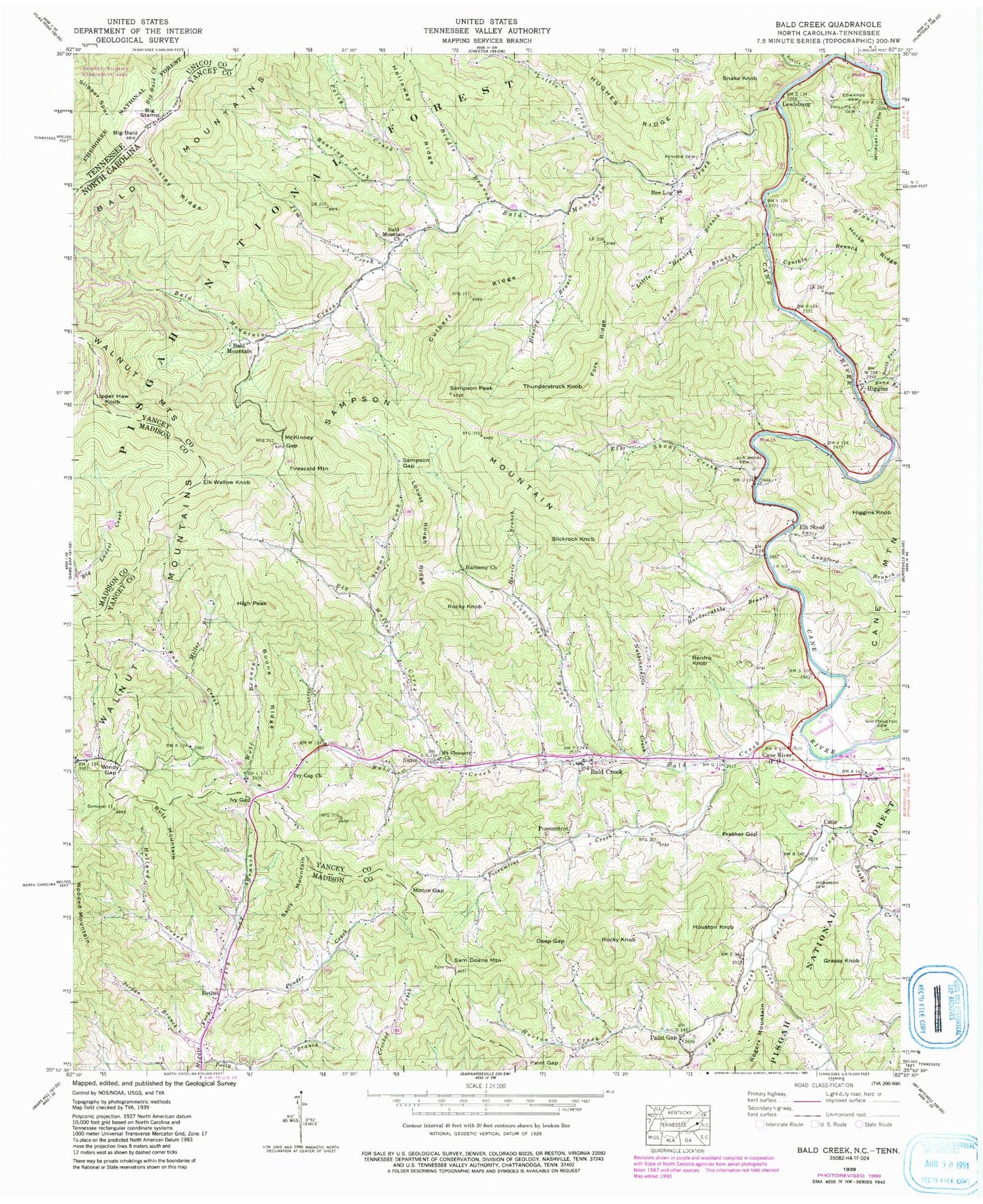 Classic USGS Bald Creek North Carolina 7.5'x7.5' Topo Map Image
