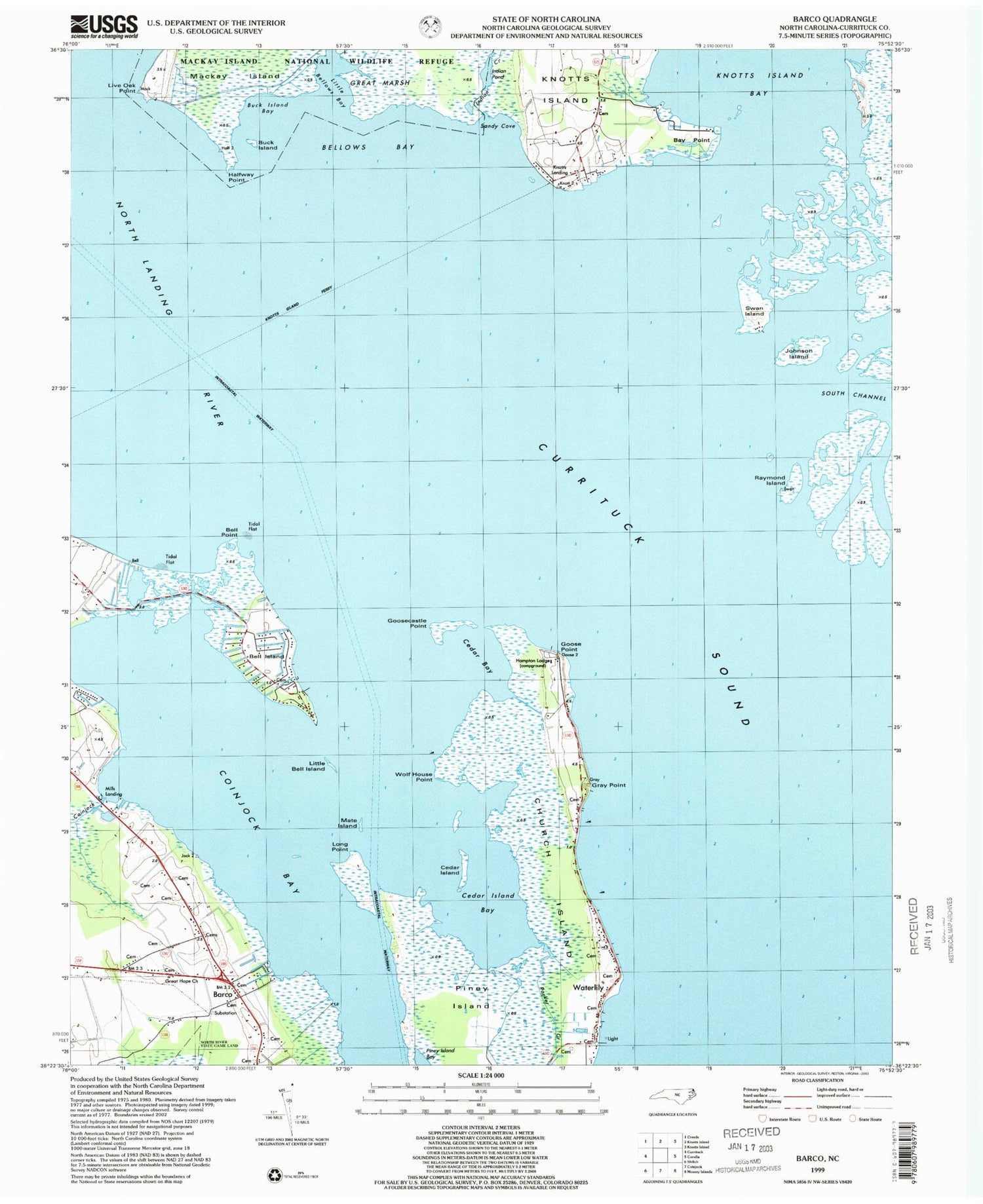 Classic USGS Barco North Carolina 7.5'x7.5' Topo Map Image