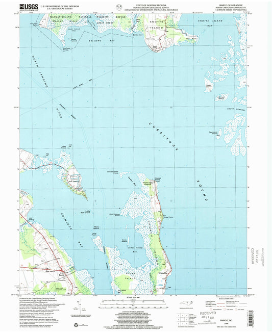 Classic USGS Barco North Carolina 7.5'x7.5' Topo Map Image