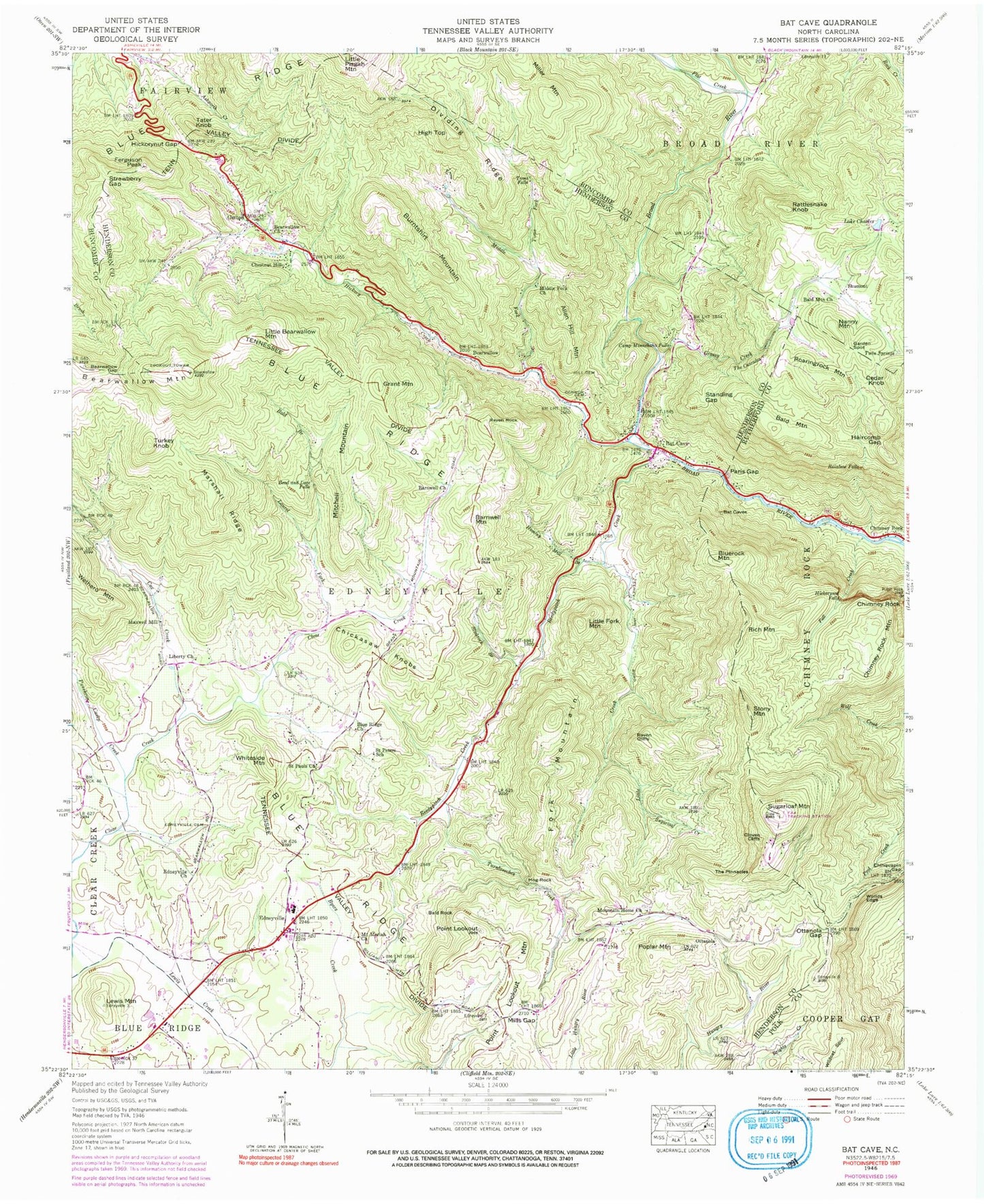 Classic USGS Bat Cave North Carolina 7.5'x7.5' Topo Map Image