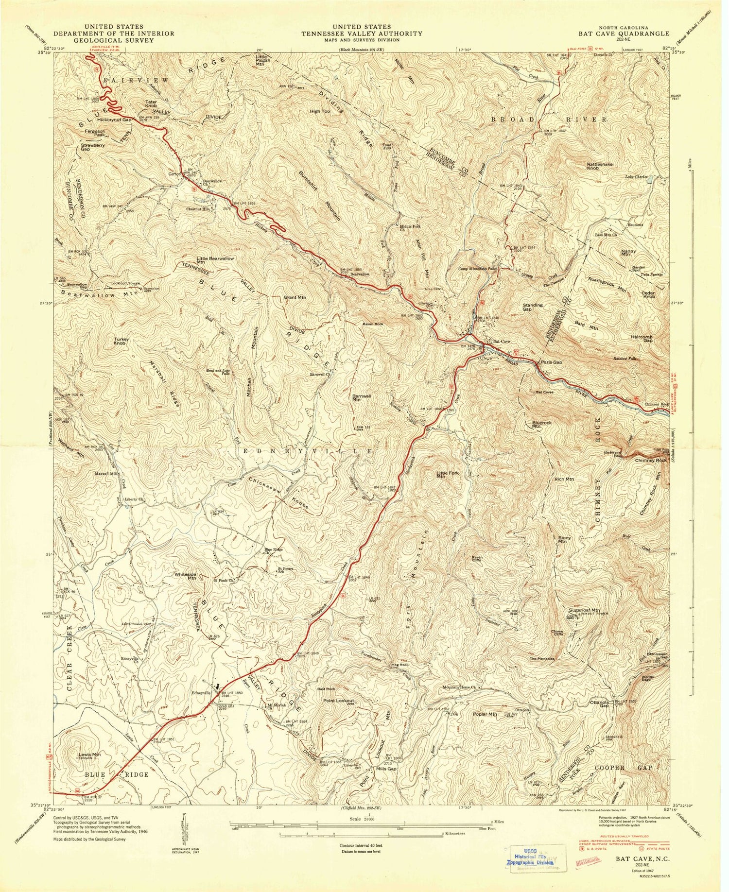 Classic USGS Bat Cave North Carolina 7.5'x7.5' Topo Map Image