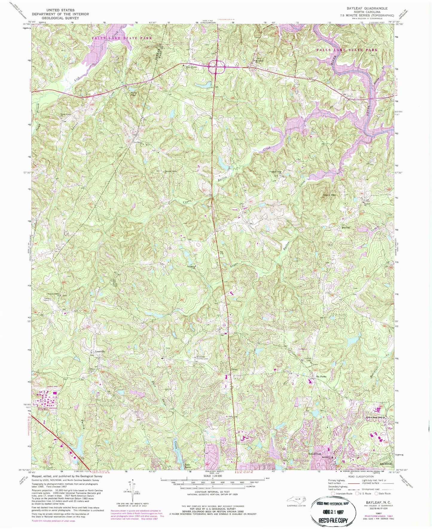 Classic USGS Bayleaf North Carolina 7.5'x7.5' Topo Map Image