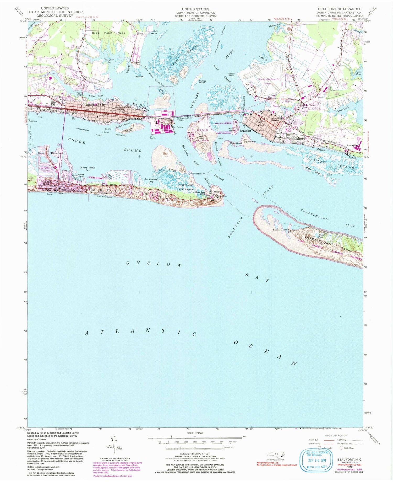 Classic USGS Beaufort North Carolina 7.5'x7.5' Topo Map Image