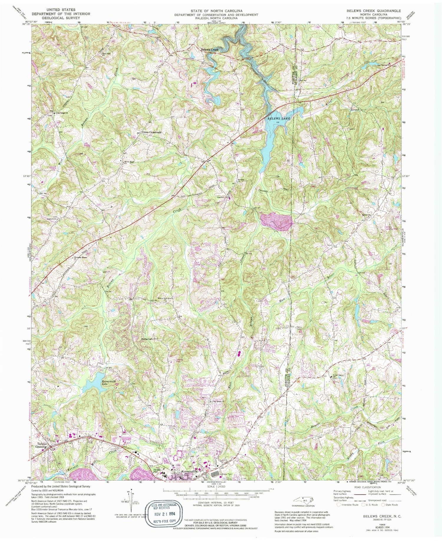Classic USGS Belews Creek North Carolina 7.5'x7.5' Topo Map Image