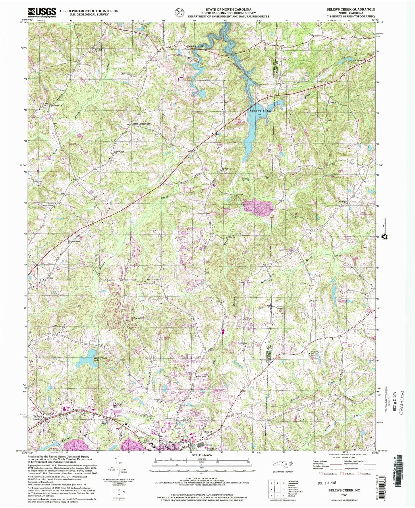 Classic USGS Belews Creek North Carolina 7.5'x7.5' Topo Map Image
