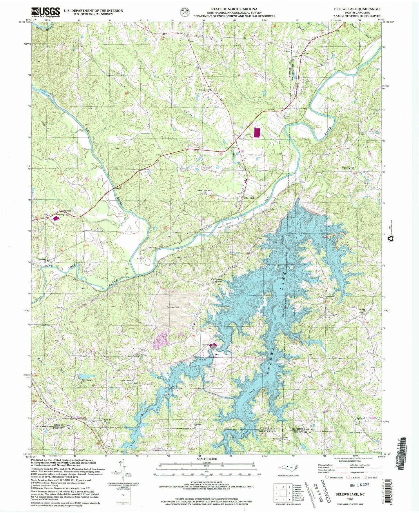 Classic USGS Belews Lake North Carolina 7.5'x7.5' Topo Map Image