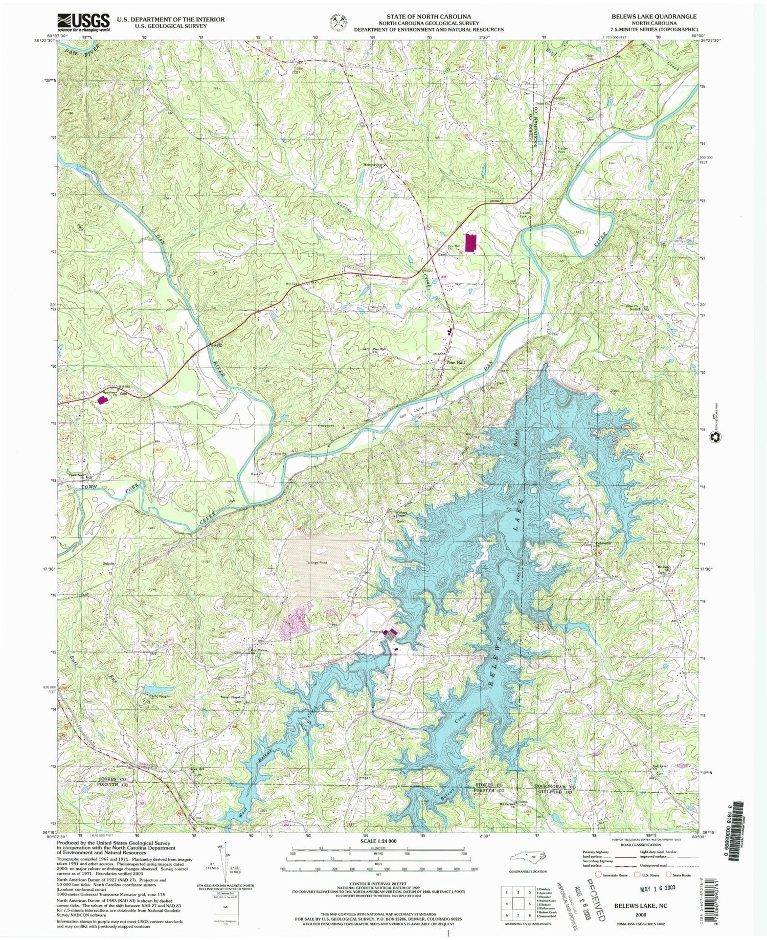 Classic USGS Belews Lake North Carolina 7.5'x7.5' Topo Map Image