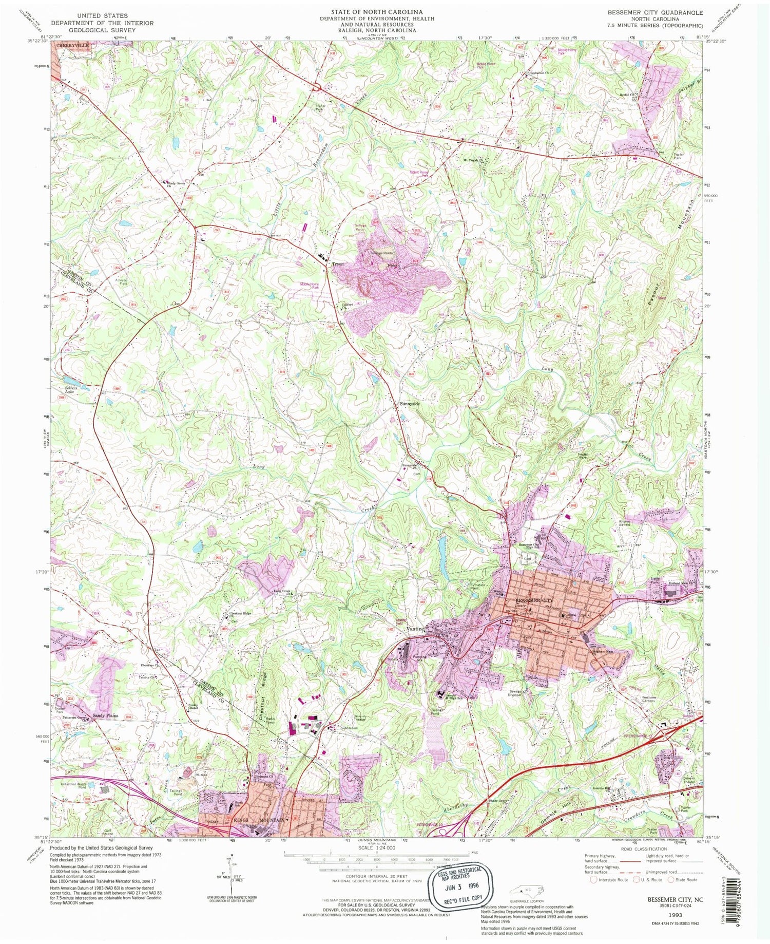 Classic USGS Bessemer City North Carolina 7.5'x7.5' Topo Map Image