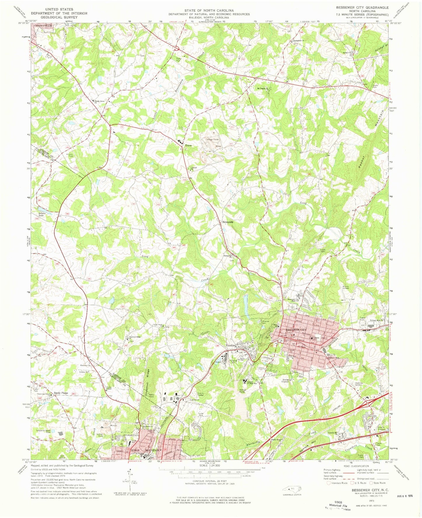 Classic USGS Bessemer City North Carolina 7.5'x7.5' Topo Map Image