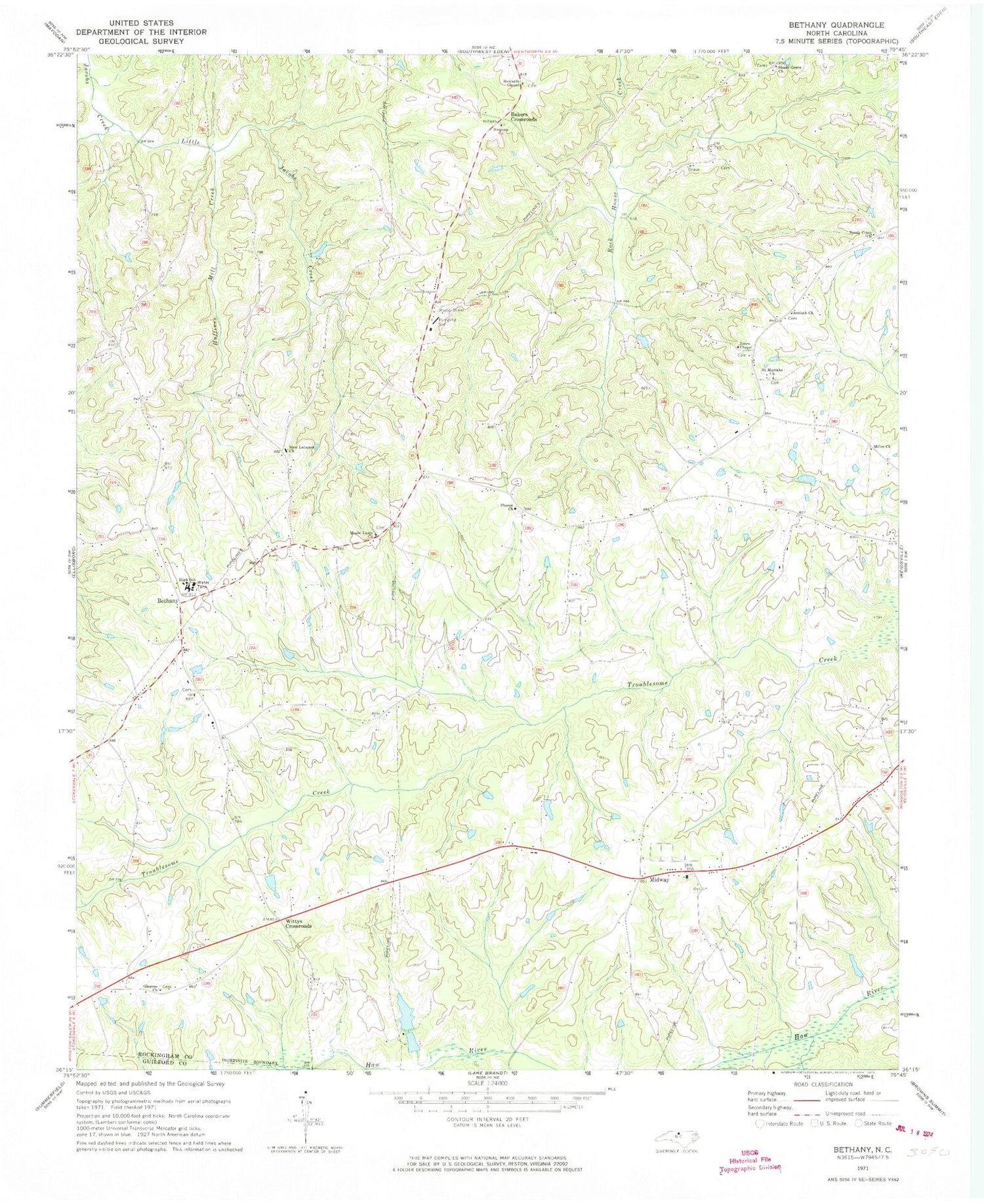 Classic USGS Bethany North Carolina 7.5'x7.5' Topo Map Image