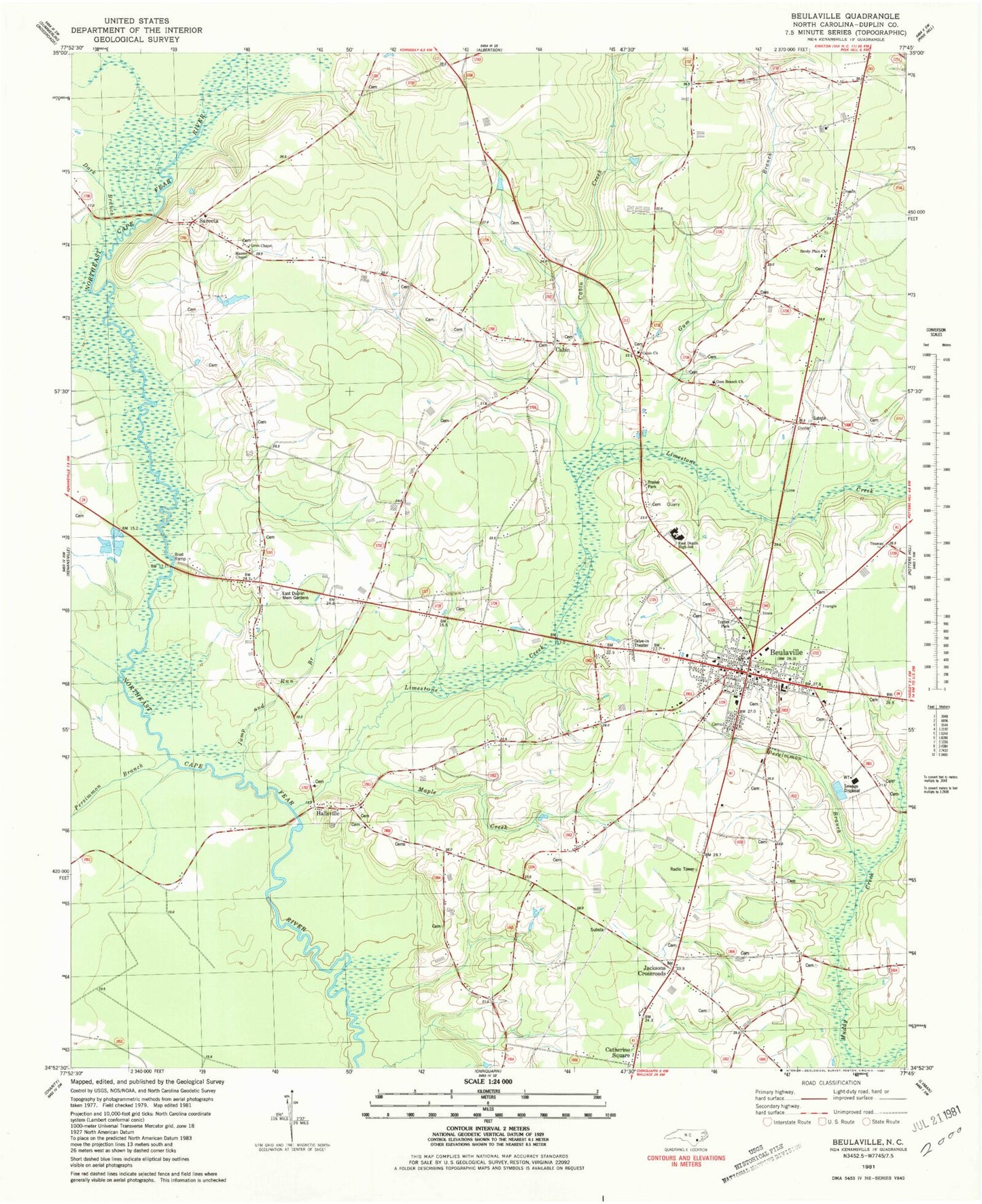 Classic USGS Beulaville North Carolina 7.5'x7.5' Topo Map Image