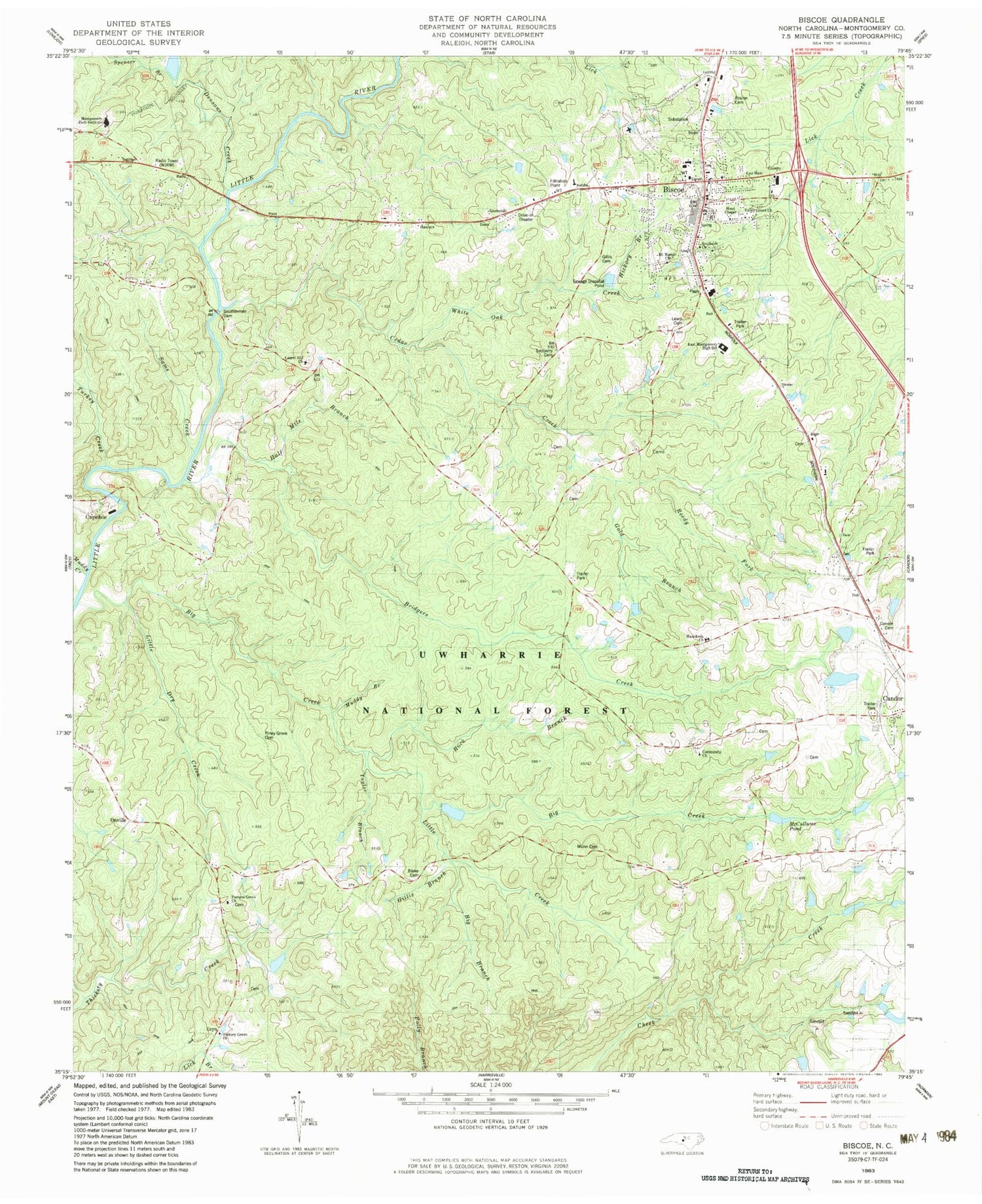 Classic USGS Biscoe North Carolina 7.5'x7.5' Topo Map Image
