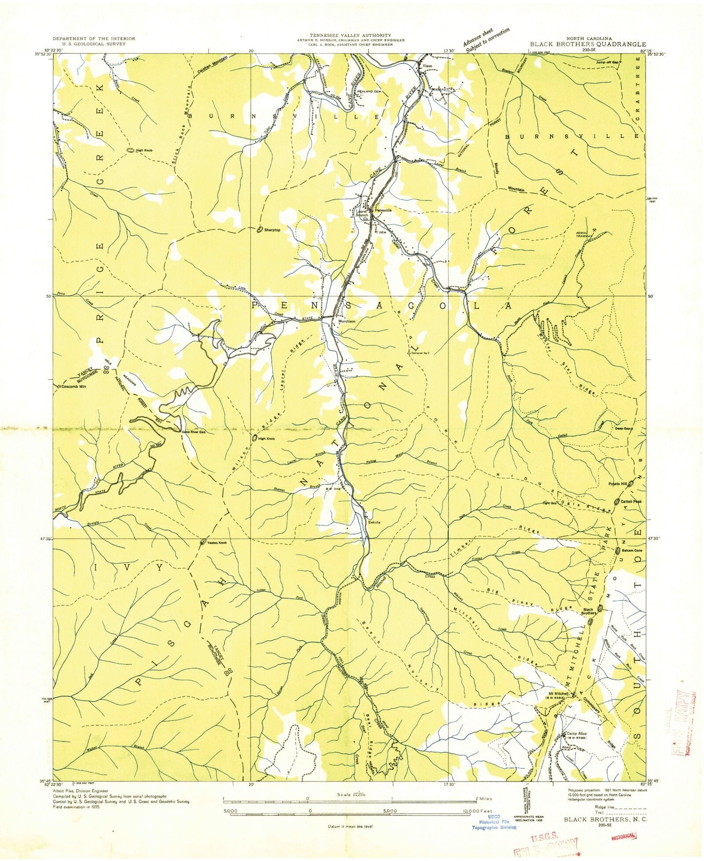 Classic USGS Mount Mitchell North Carolina 7.5'x7.5' Topo Map Image