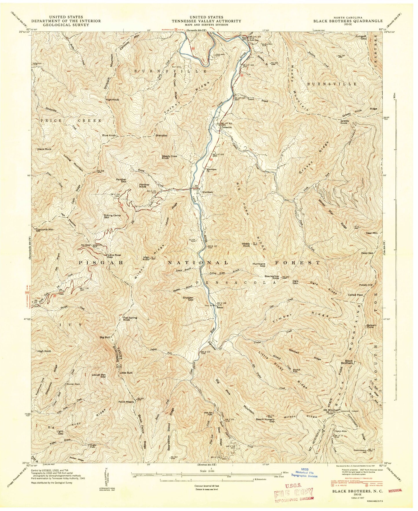 Classic USGS Mount Mitchell North Carolina 7.5'x7.5' Topo Map Image