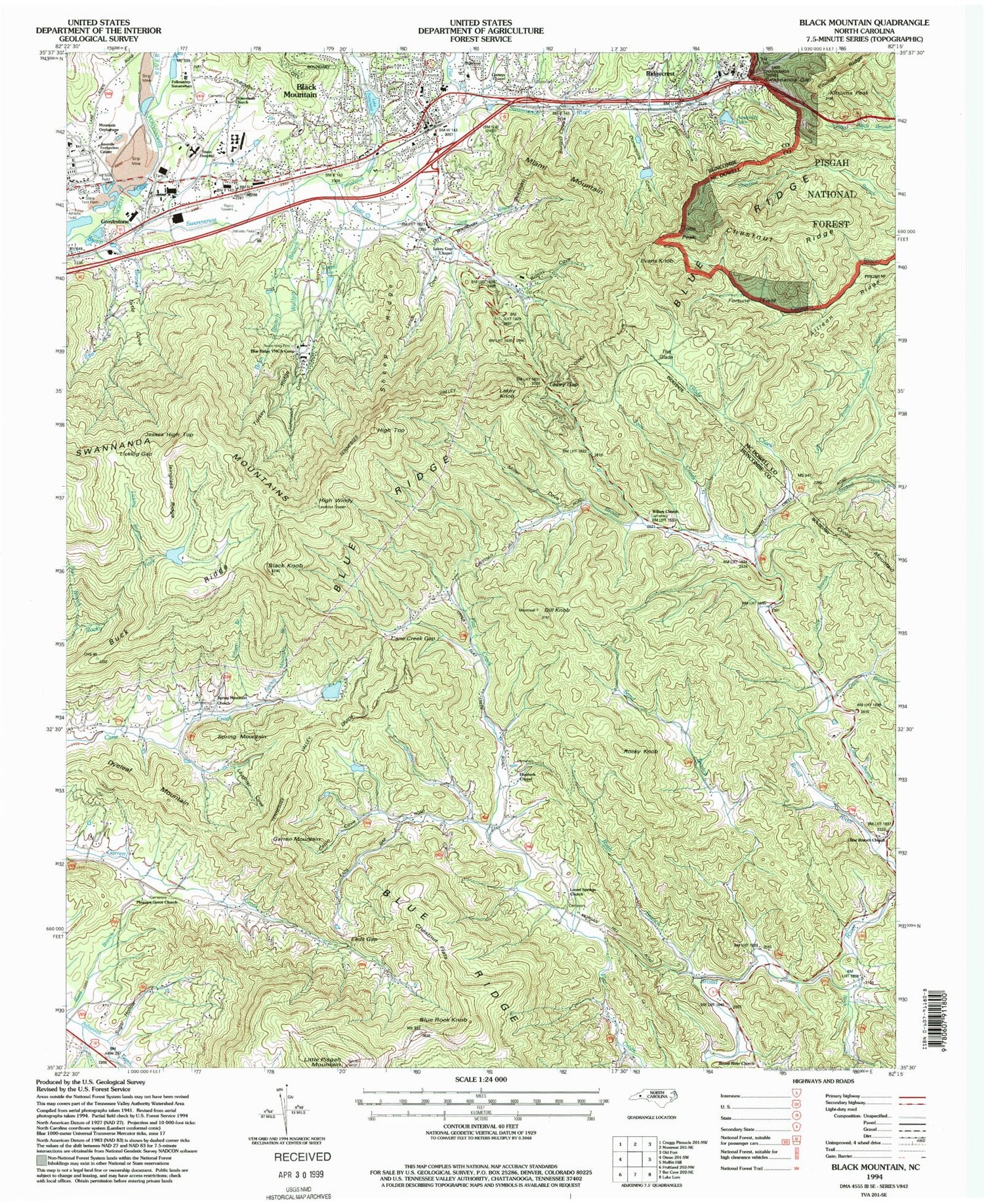 Classic USGS Black Mountain North Carolina 7.5'x7.5' Topo Map Image
