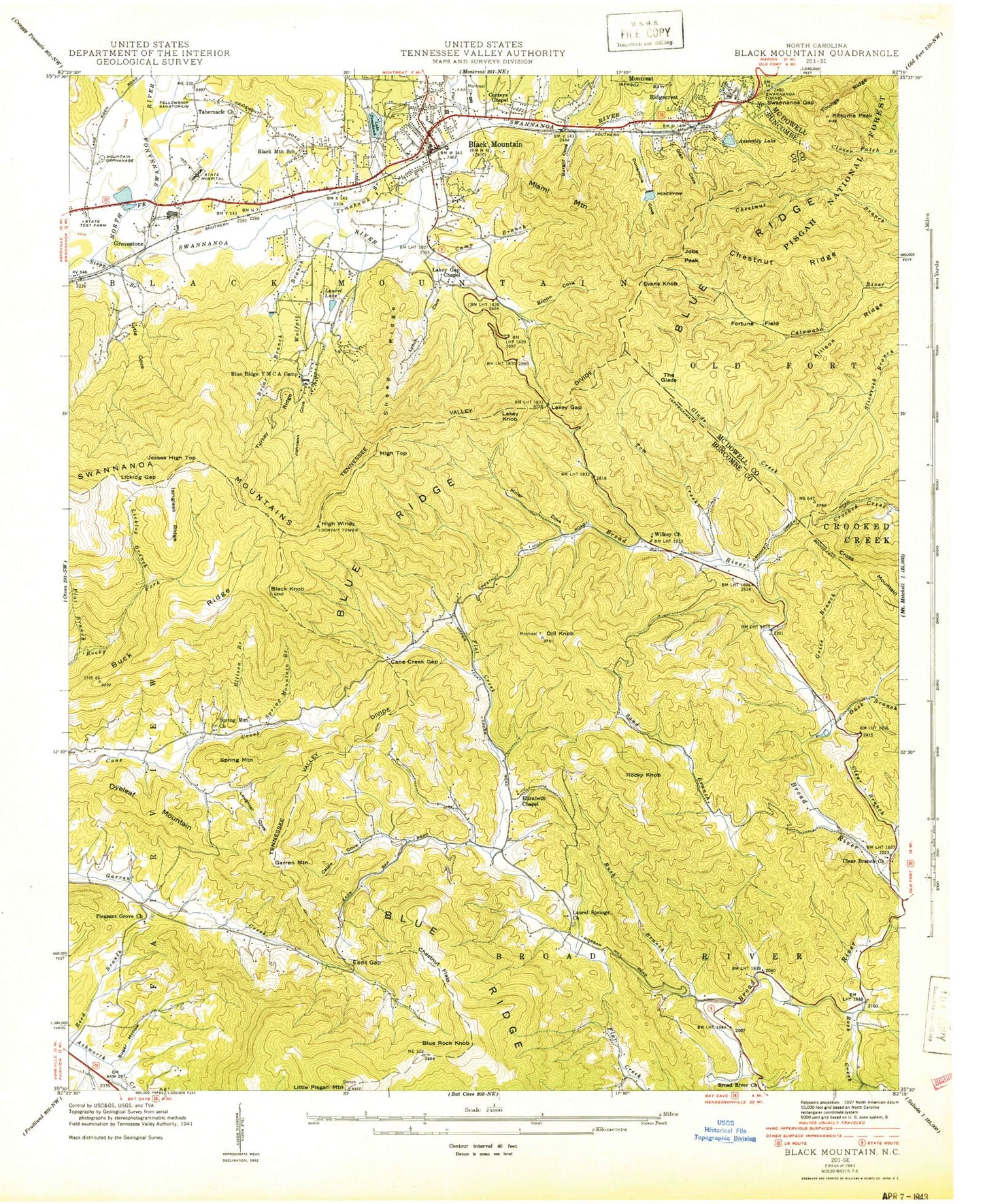 Classic USGS Black Mountain North Carolina 7.5'x7.5' Topo Map Image