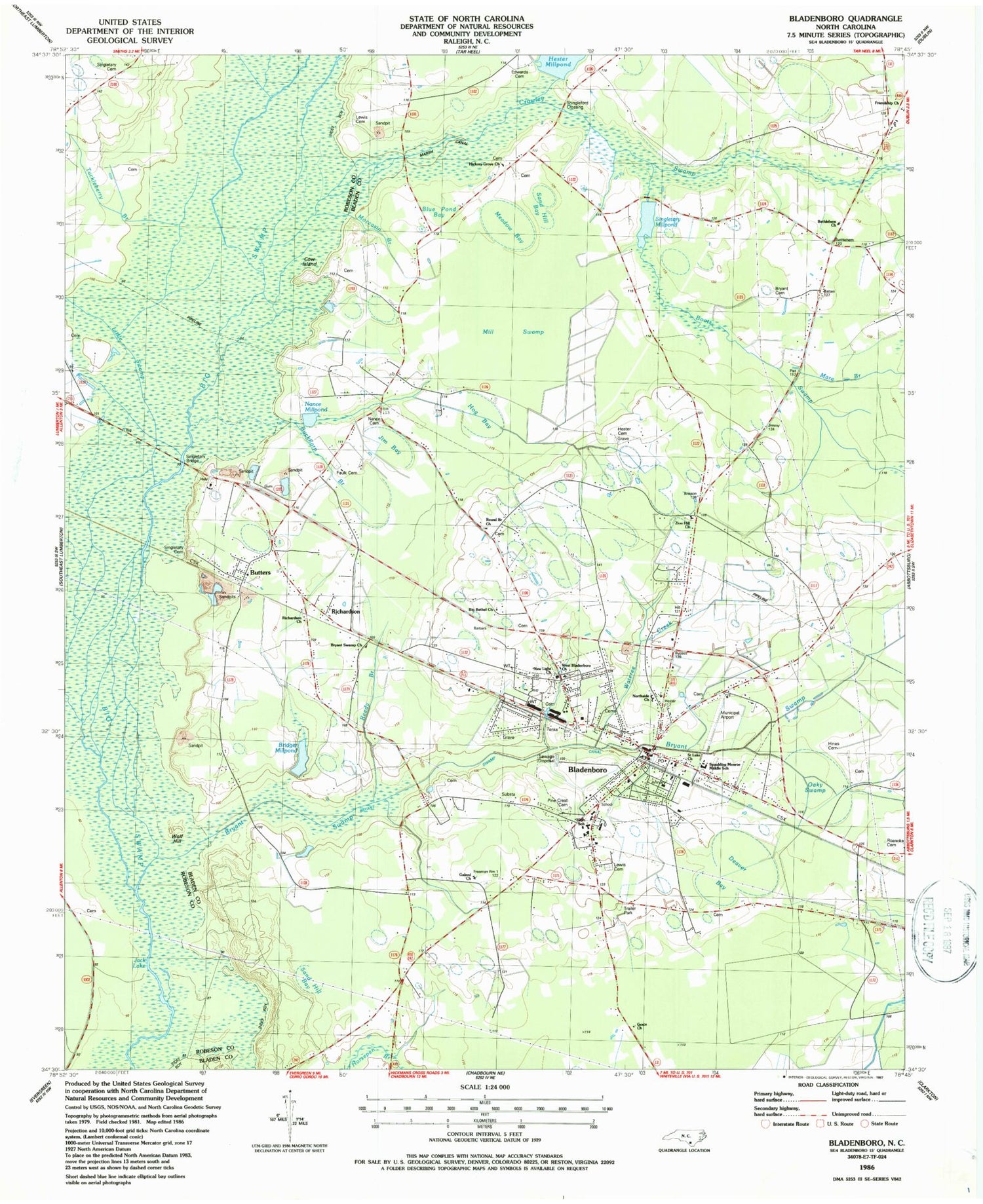 Classic USGS Bladenboro North Carolina 7.5'x7.5' Topo Map Image