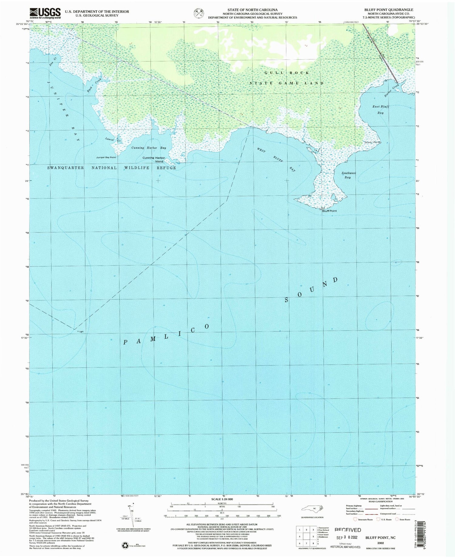 Classic USGS Bluff Point North Carolina 7.5'x7.5' Topo Map Image