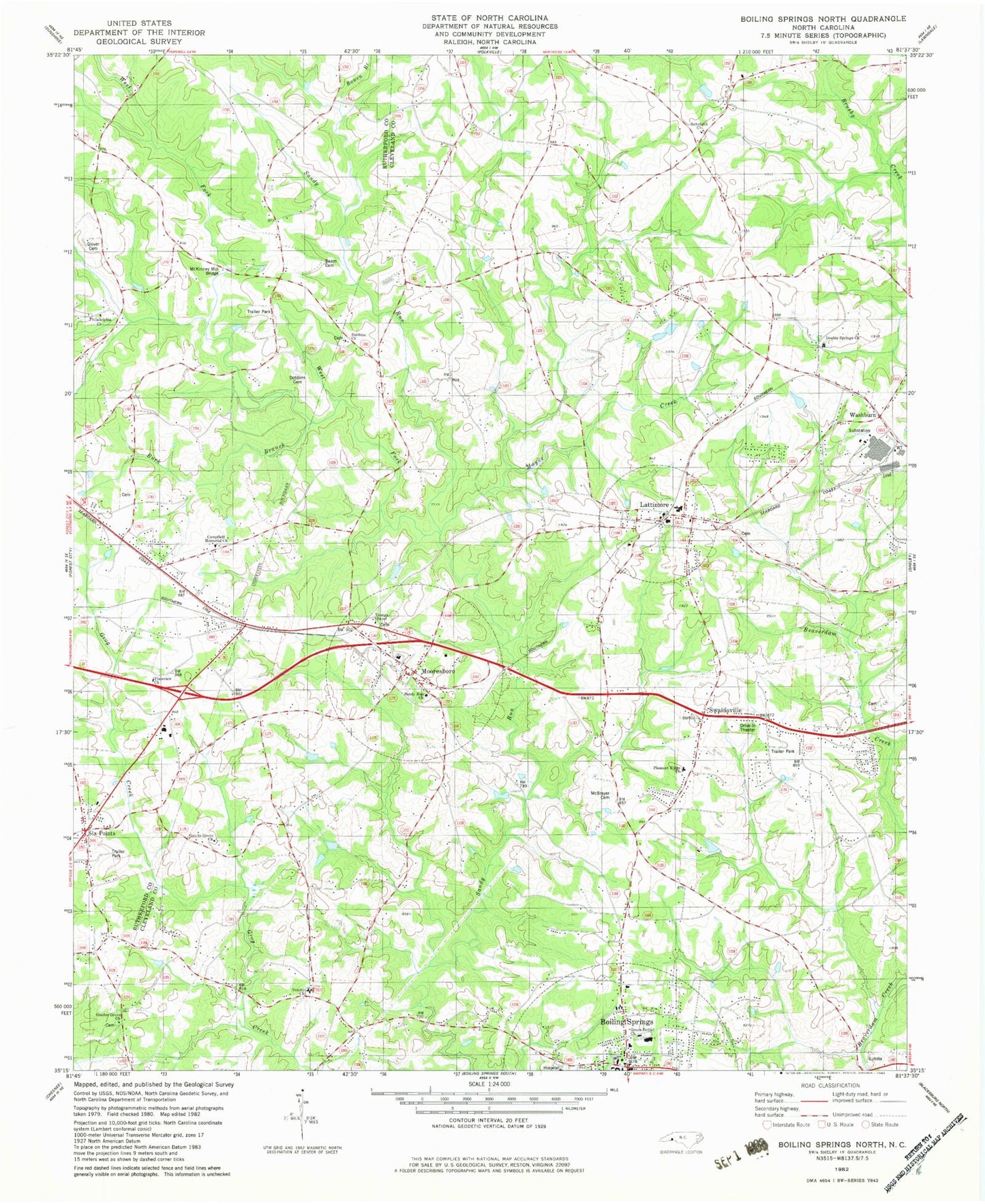 Classic USGS Boiling Springs North North Carolina 7.5'x7.5' Topo Map Image