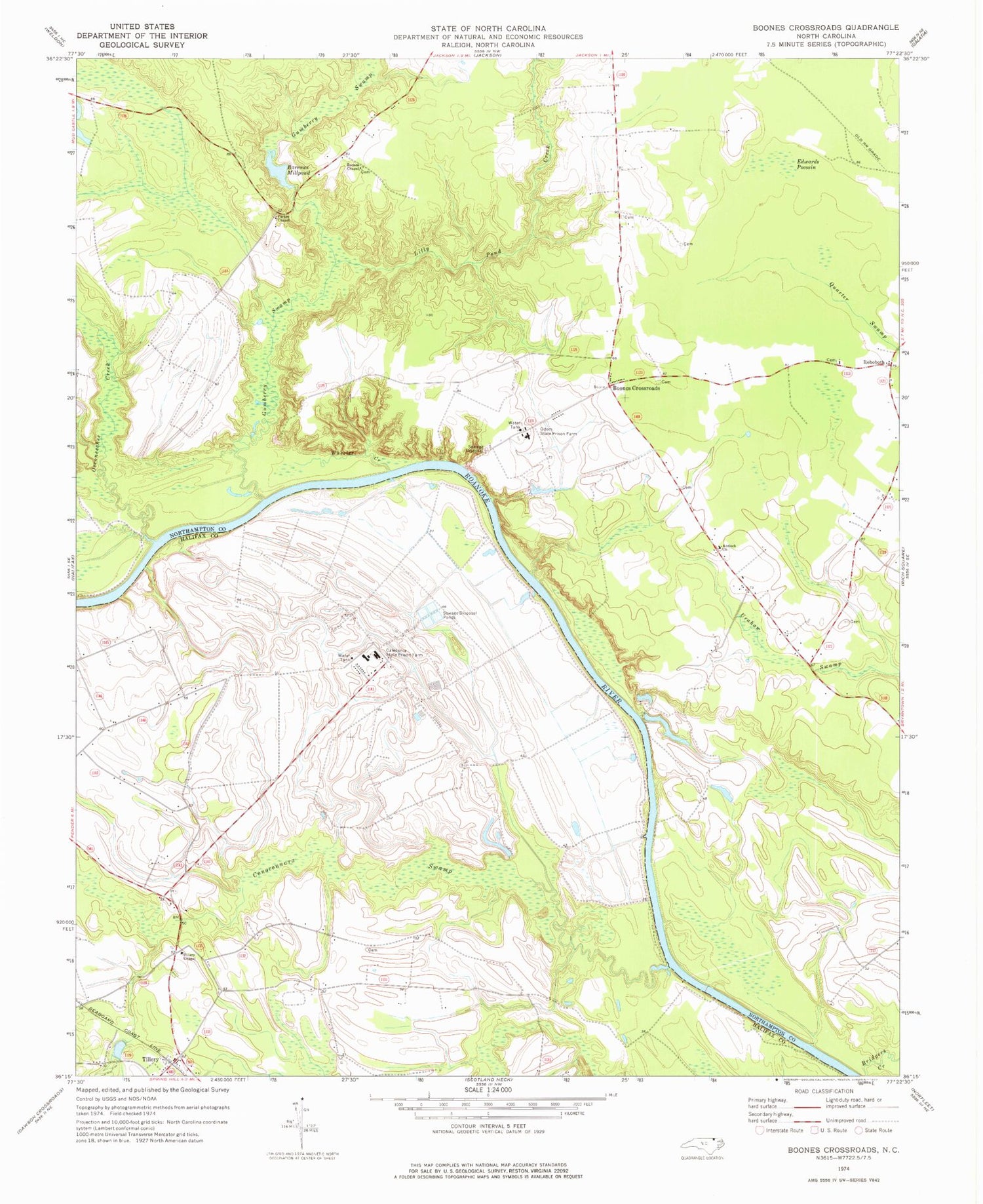 Classic USGS Boones Crossroads North Carolina 7.5'x7.5' Topo Map Image