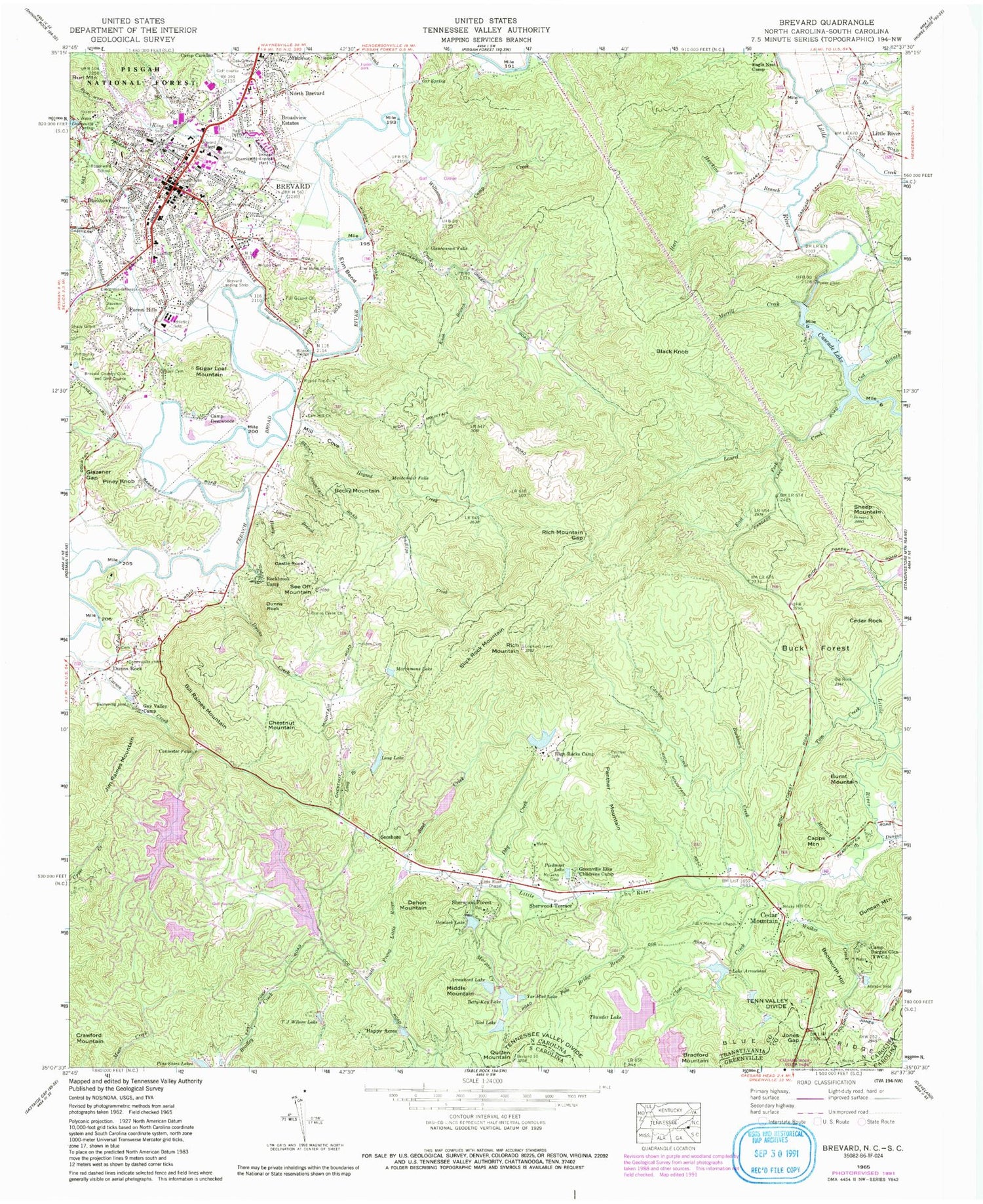 Classic USGS Brevard North Carolina 7.5'x7.5' Topo Map Image