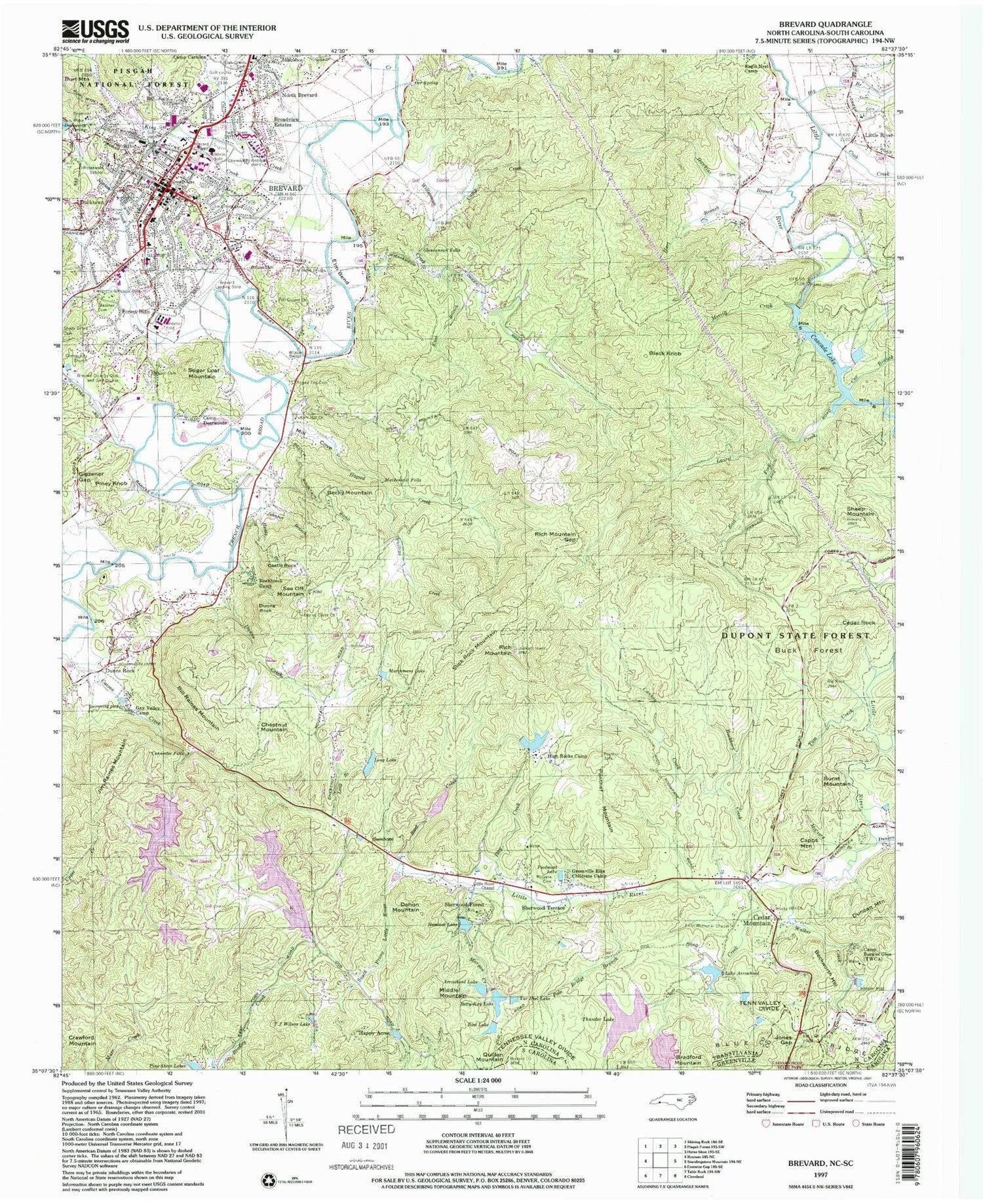 Classic USGS Brevard North Carolina 7.5'x7.5' Topo Map Image