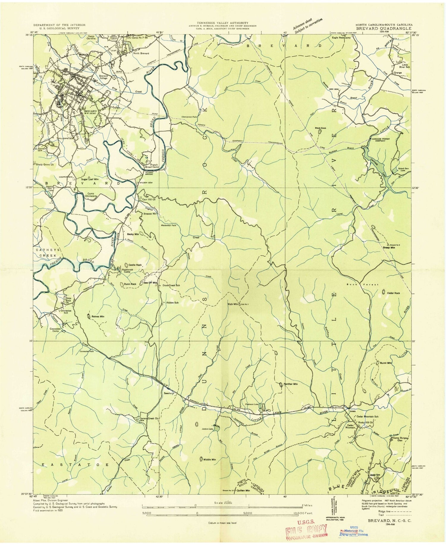 Classic USGS Brevard North Carolina 7.5'x7.5' Topo Map Image