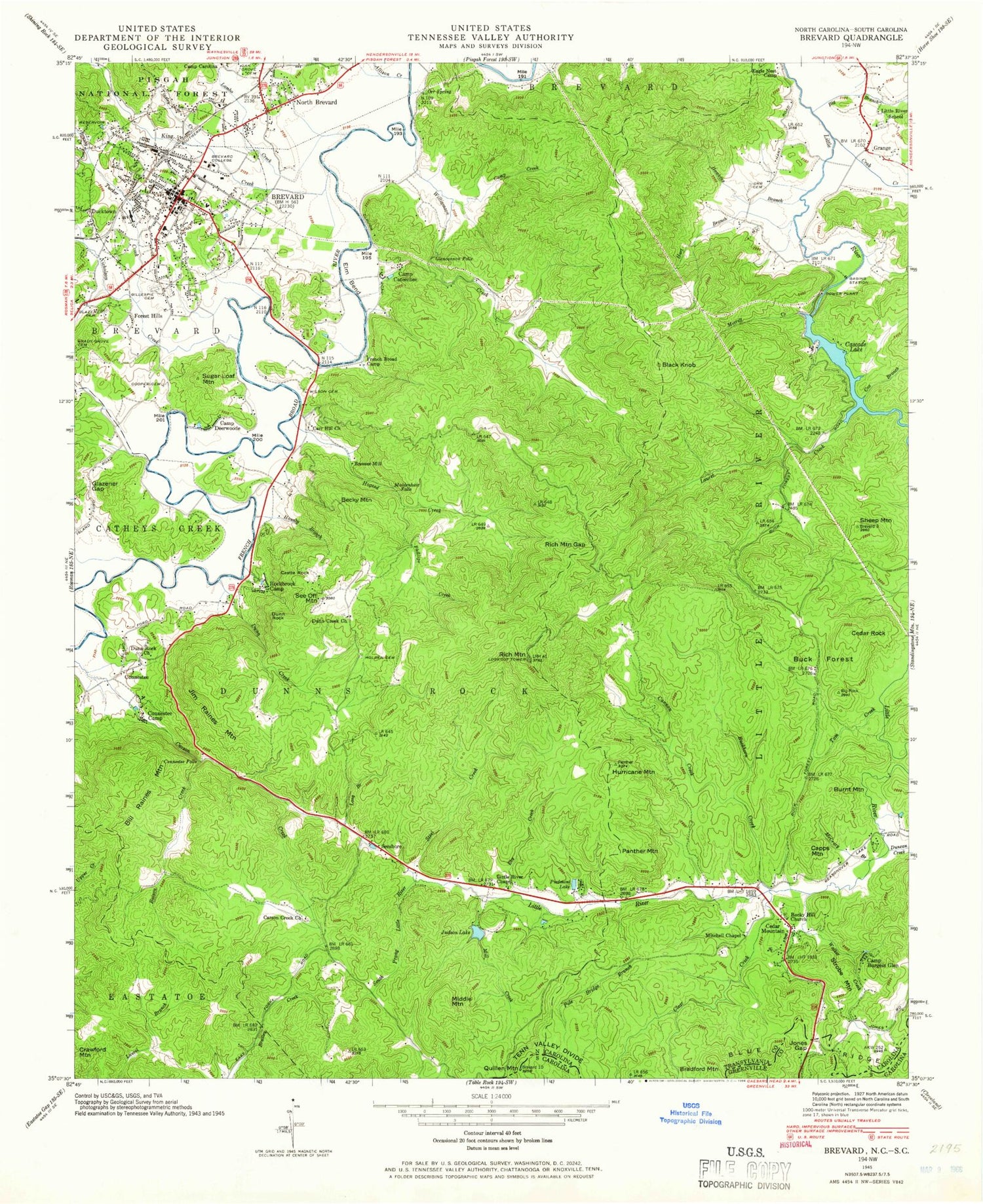 Classic USGS Brevard North Carolina 7.5'x7.5' Topo Map Image