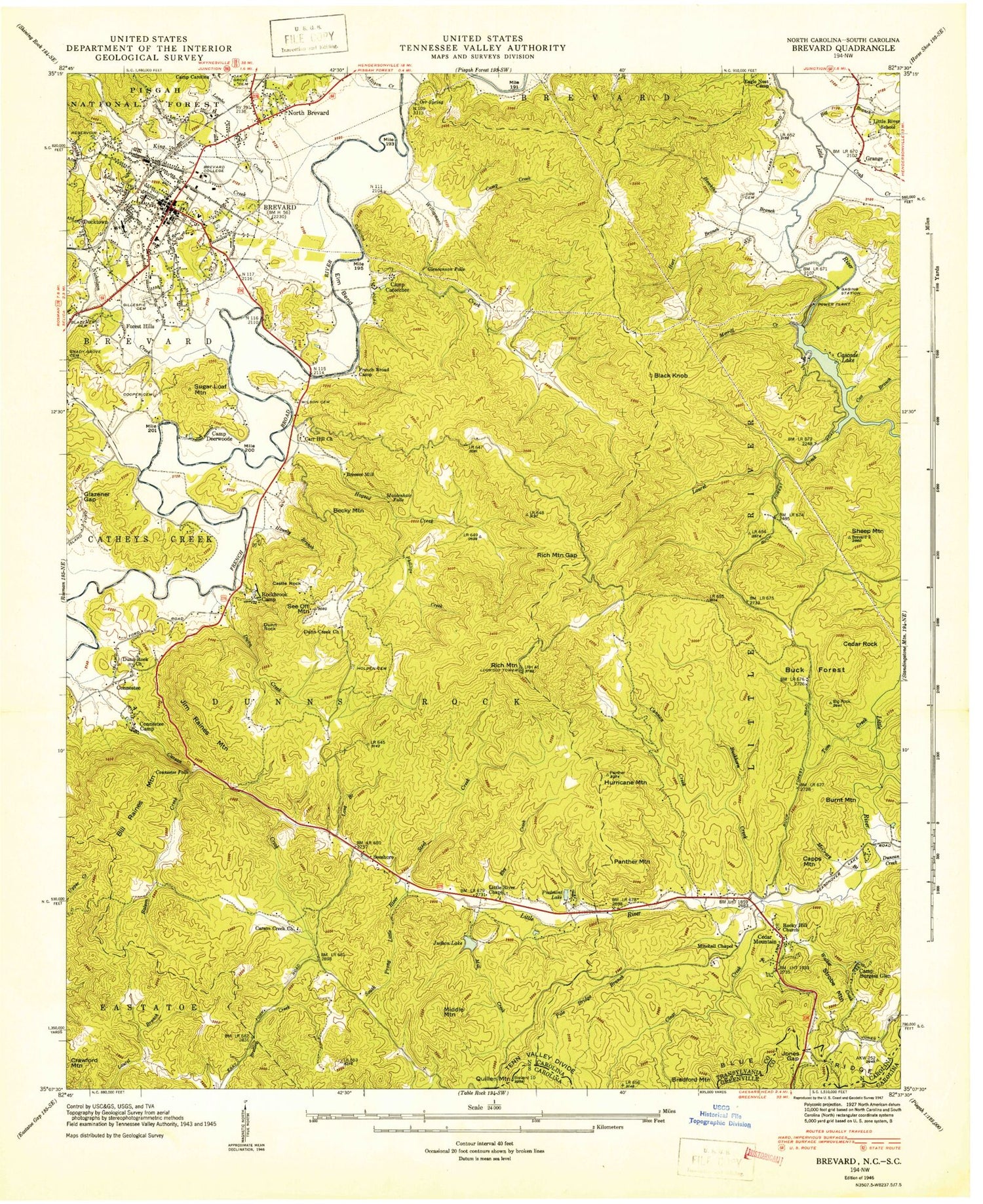 Classic USGS Brevard North Carolina 7.5'x7.5' Topo Map Image