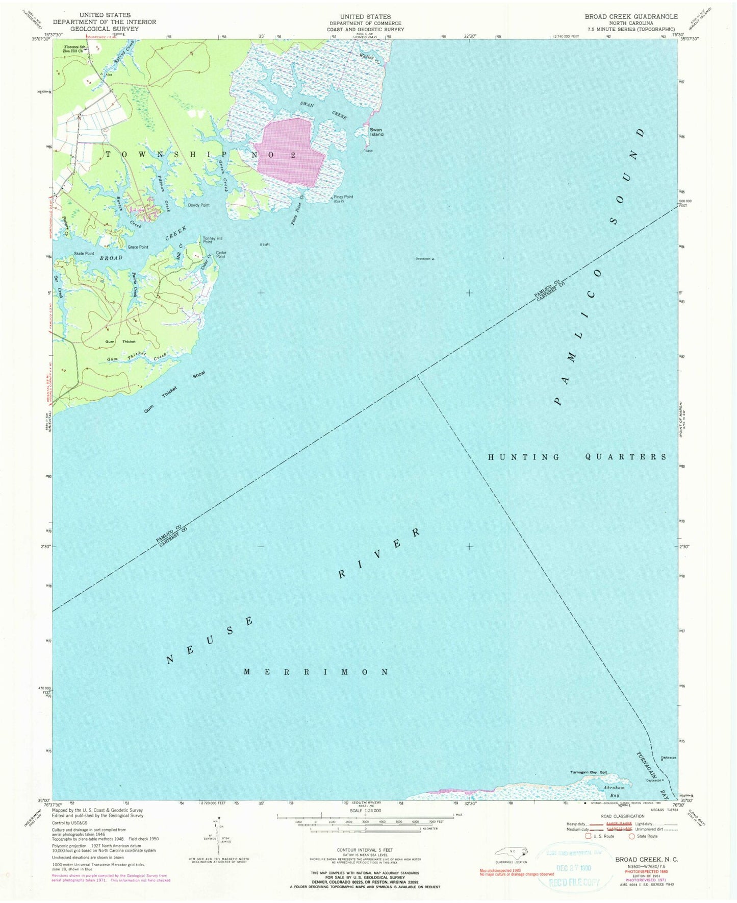 Classic USGS Broad Creek North Carolina 7.5'x7.5' Topo Map Image