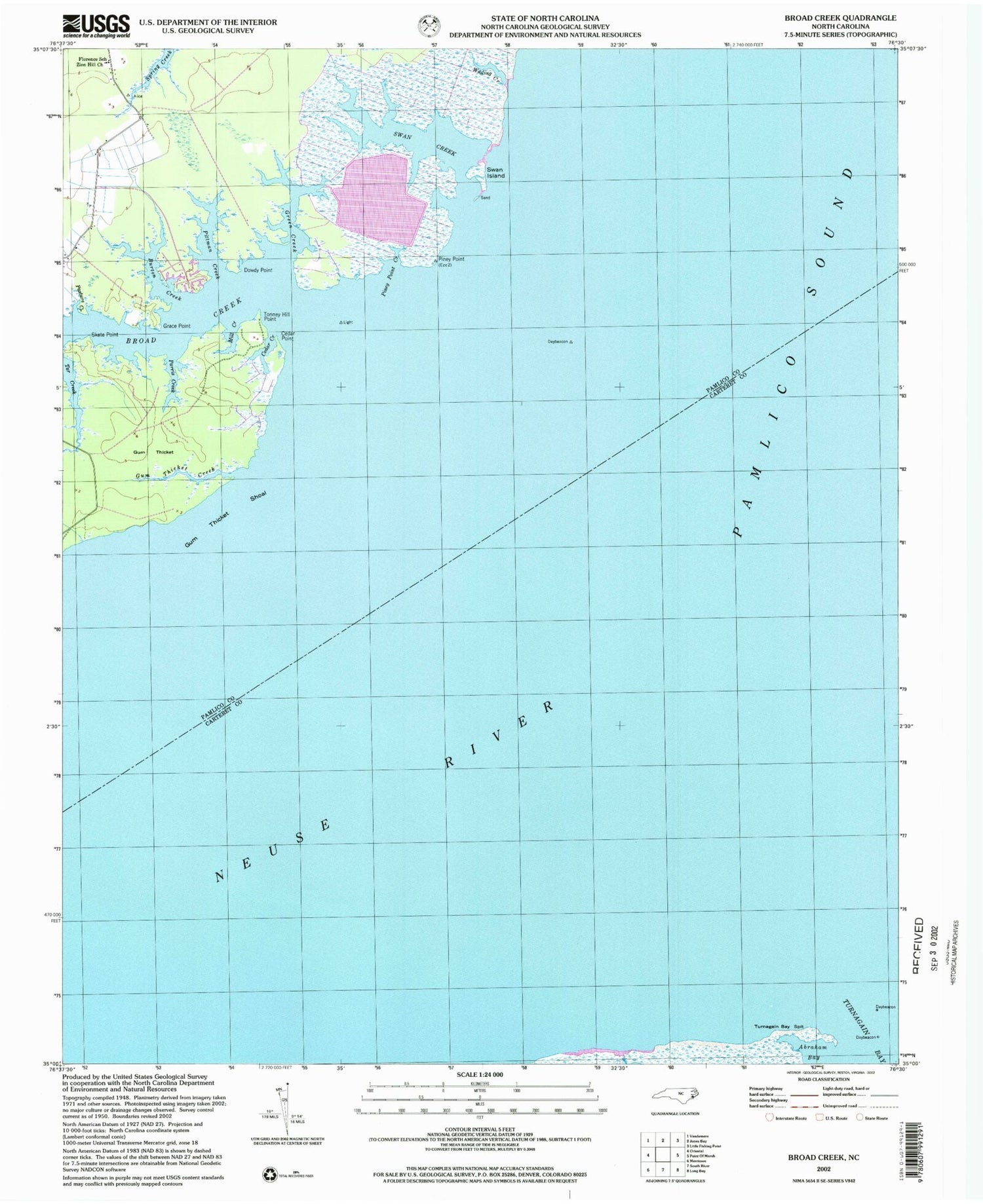 Classic USGS Broad Creek North Carolina 7.5'x7.5' Topo Map Image