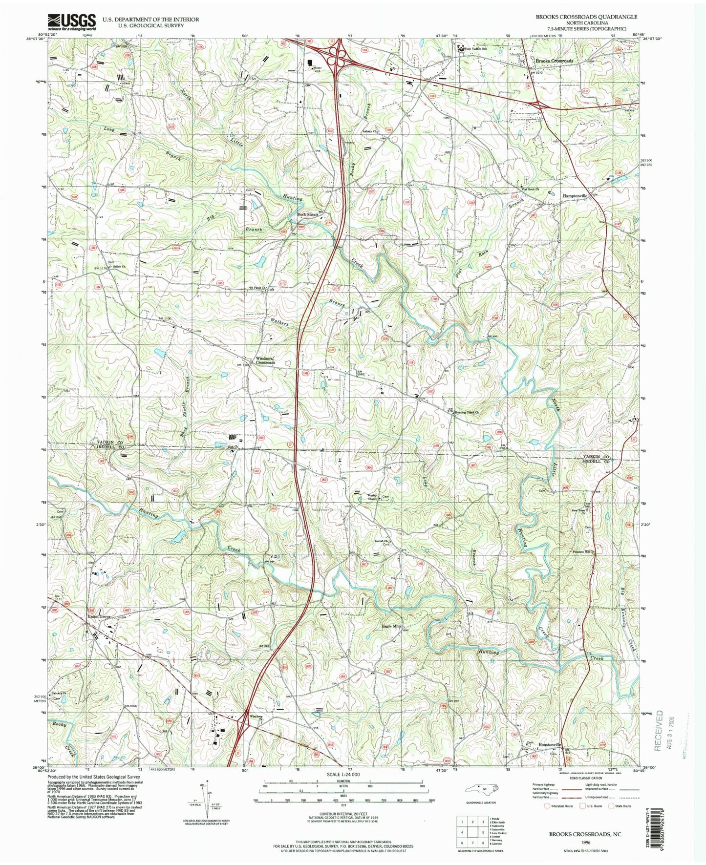 Classic USGS Brooks Crossroads North Carolina 7.5'x7.5' Topo Map Image