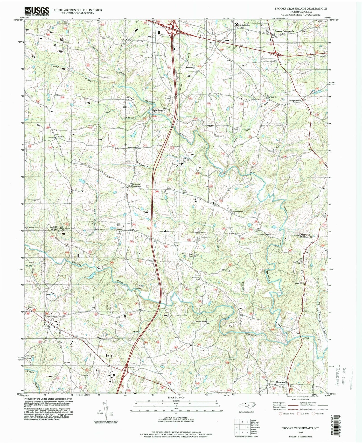 Classic USGS Brooks Crossroads North Carolina 7.5'x7.5' Topo Map Image