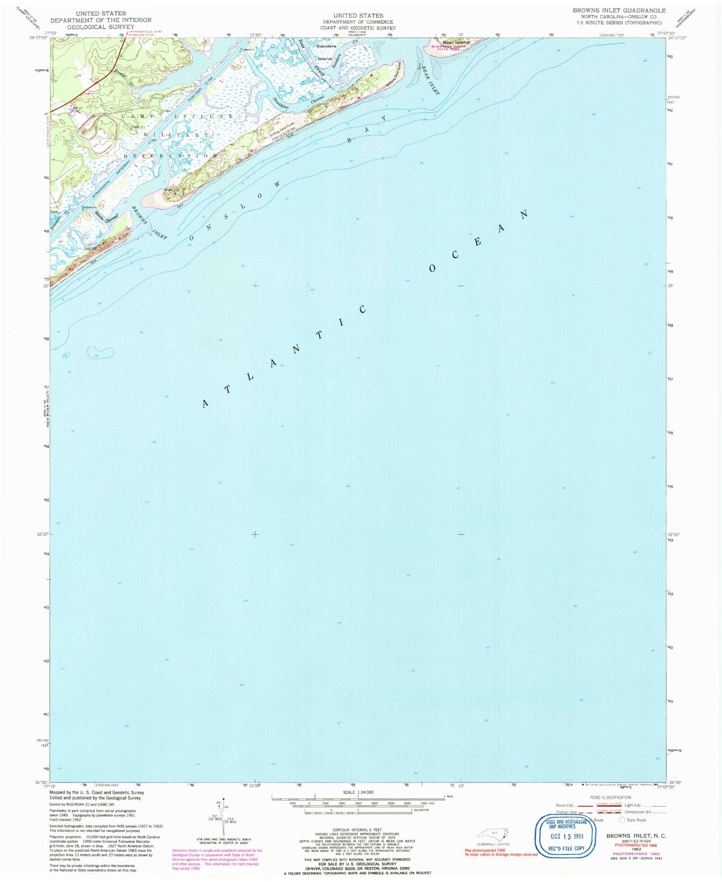 Classic USGS Browns Inlet North Carolina 7.5'x7.5' Topo Map Image