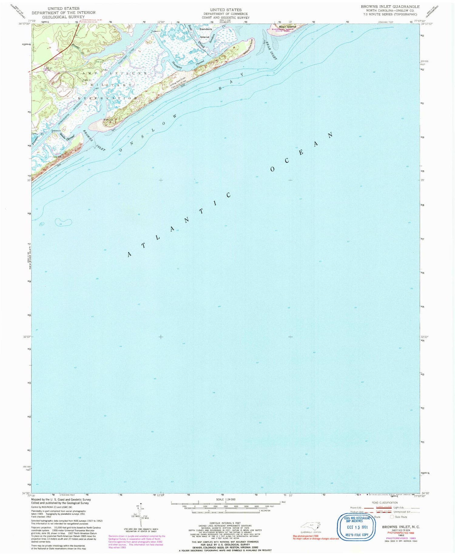 Classic USGS Browns Inlet North Carolina 7.5'x7.5' Topo Map Image