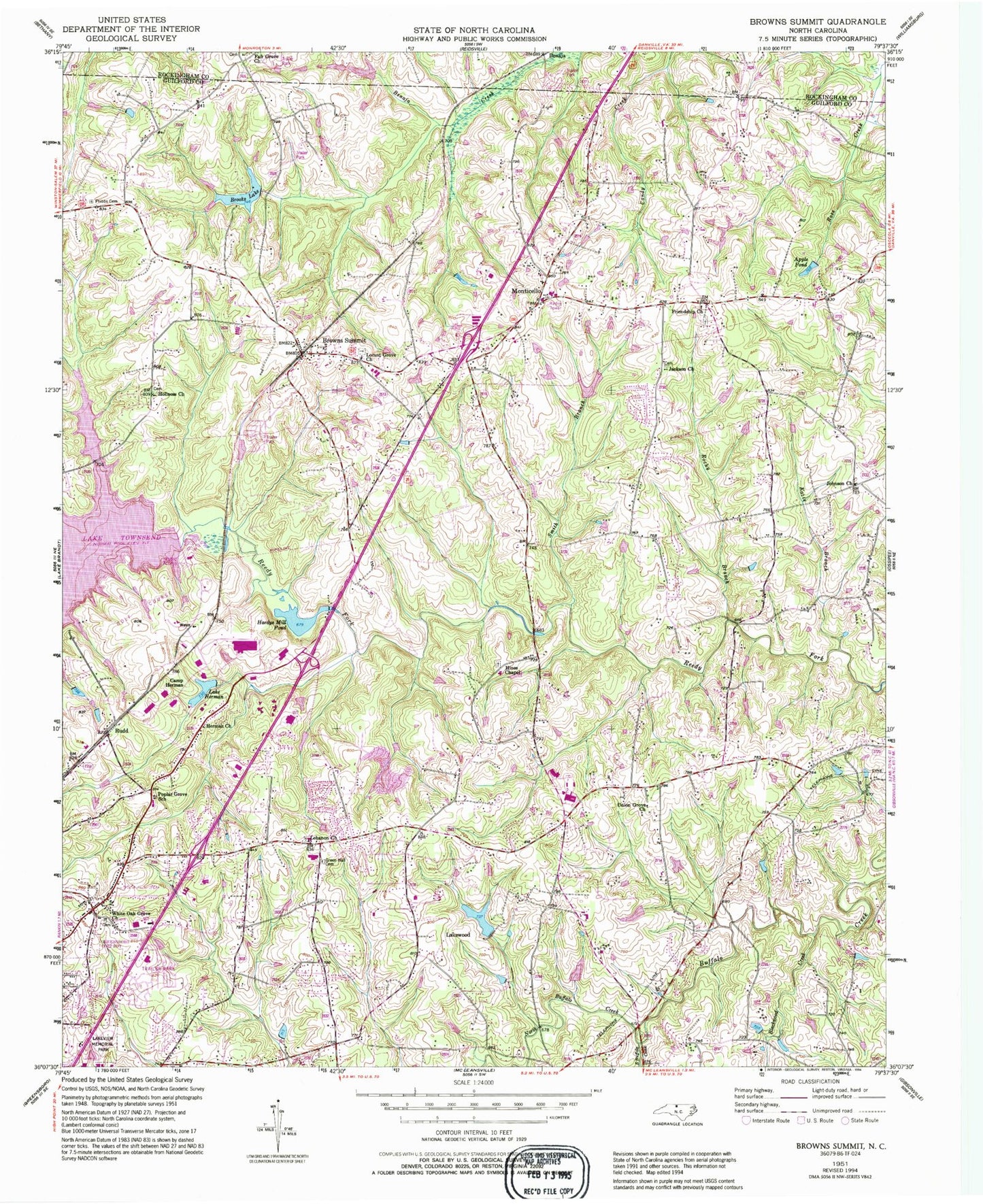 Classic USGS Browns Summit North Carolina 7.5'x7.5' Topo Map Image