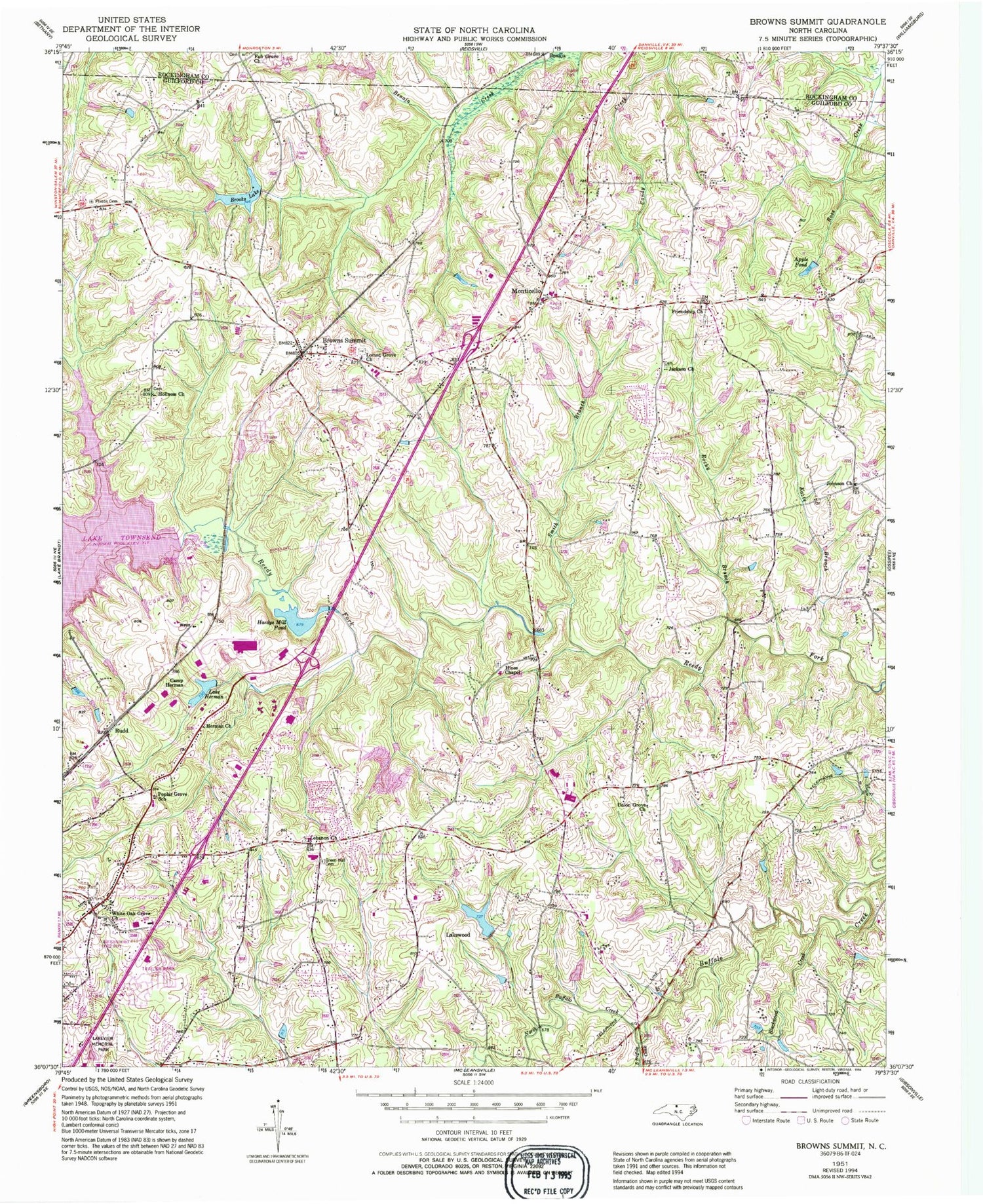 Classic USGS Browns Summit North Carolina 7.5'x7.5' Topo Map Image