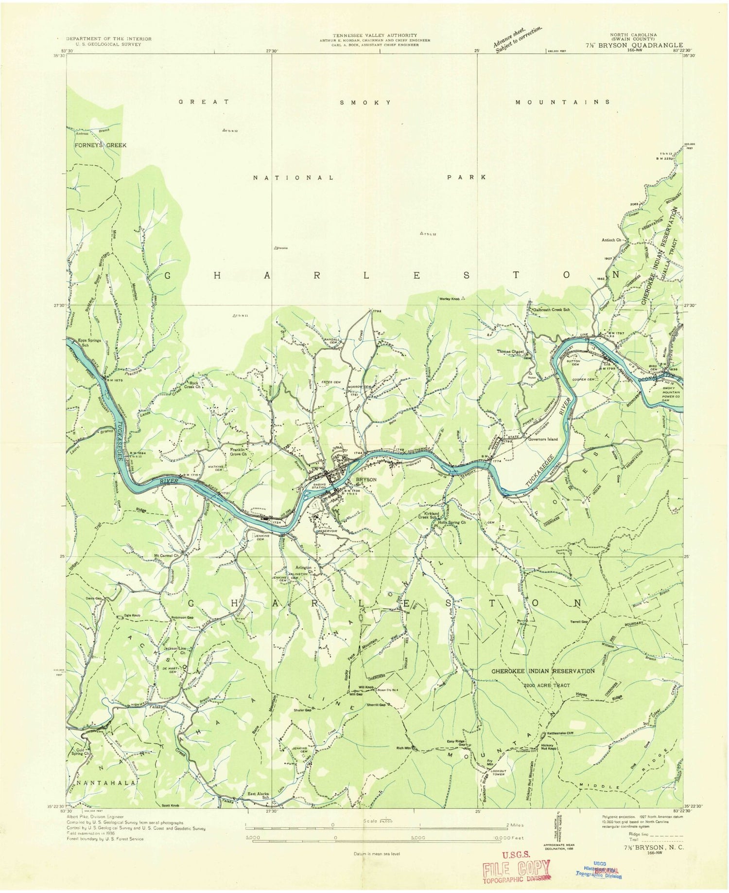 Classic USGS Bryson City North Carolina 7.5'x7.5' Topo Map Image