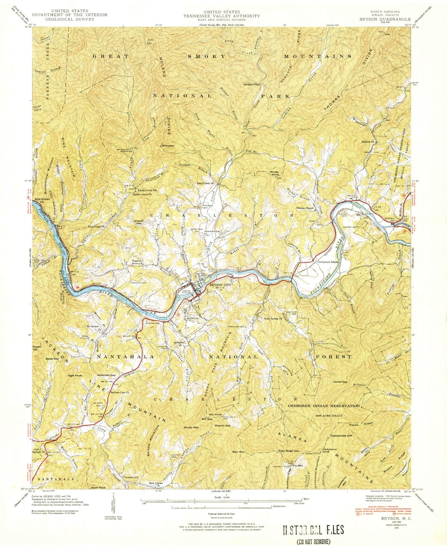 Classic USGS Bryson City North Carolina 7.5'x7.5' Topo Map Image
