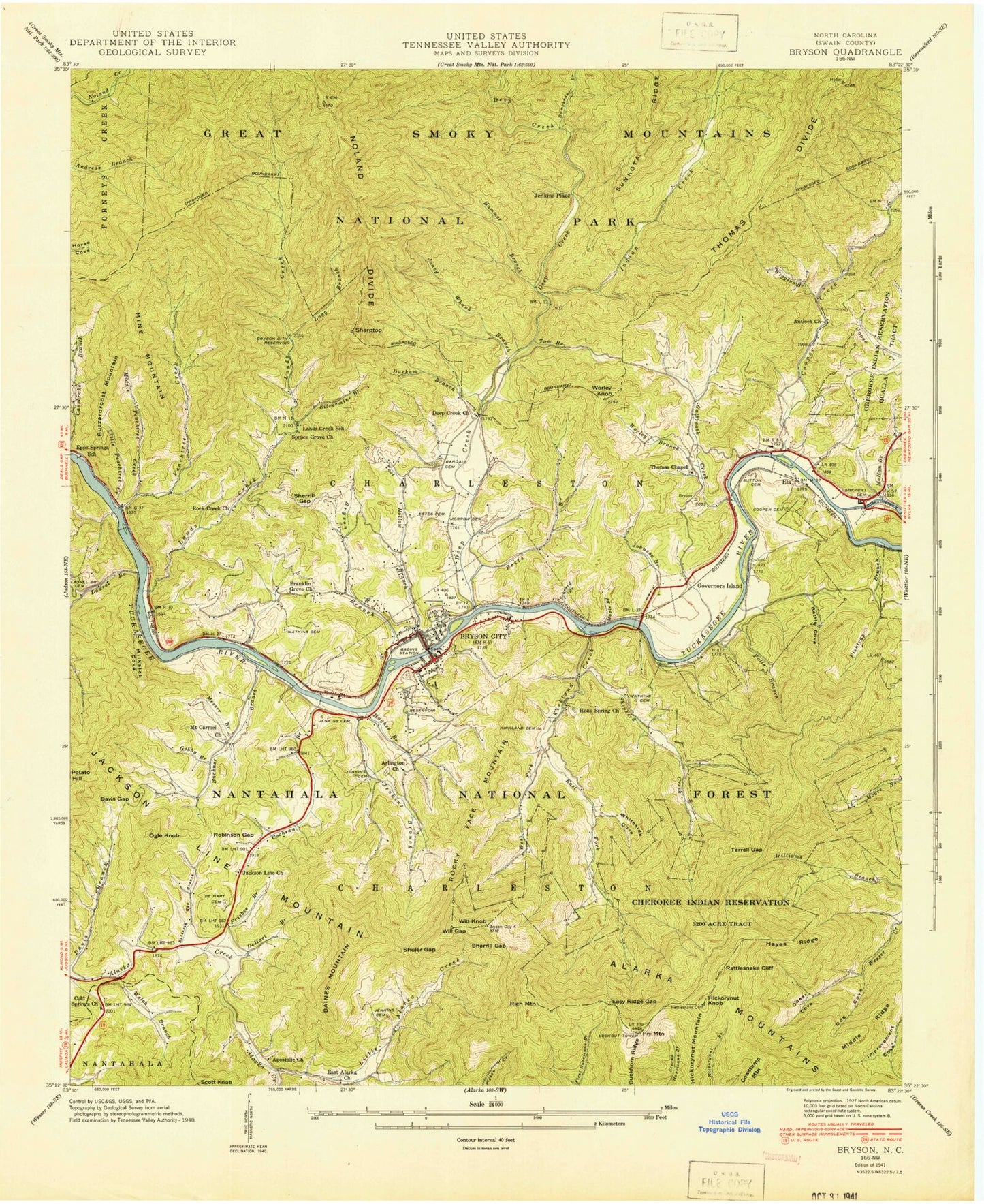 Classic USGS Bryson City North Carolina 7.5'x7.5' Topo Map Image