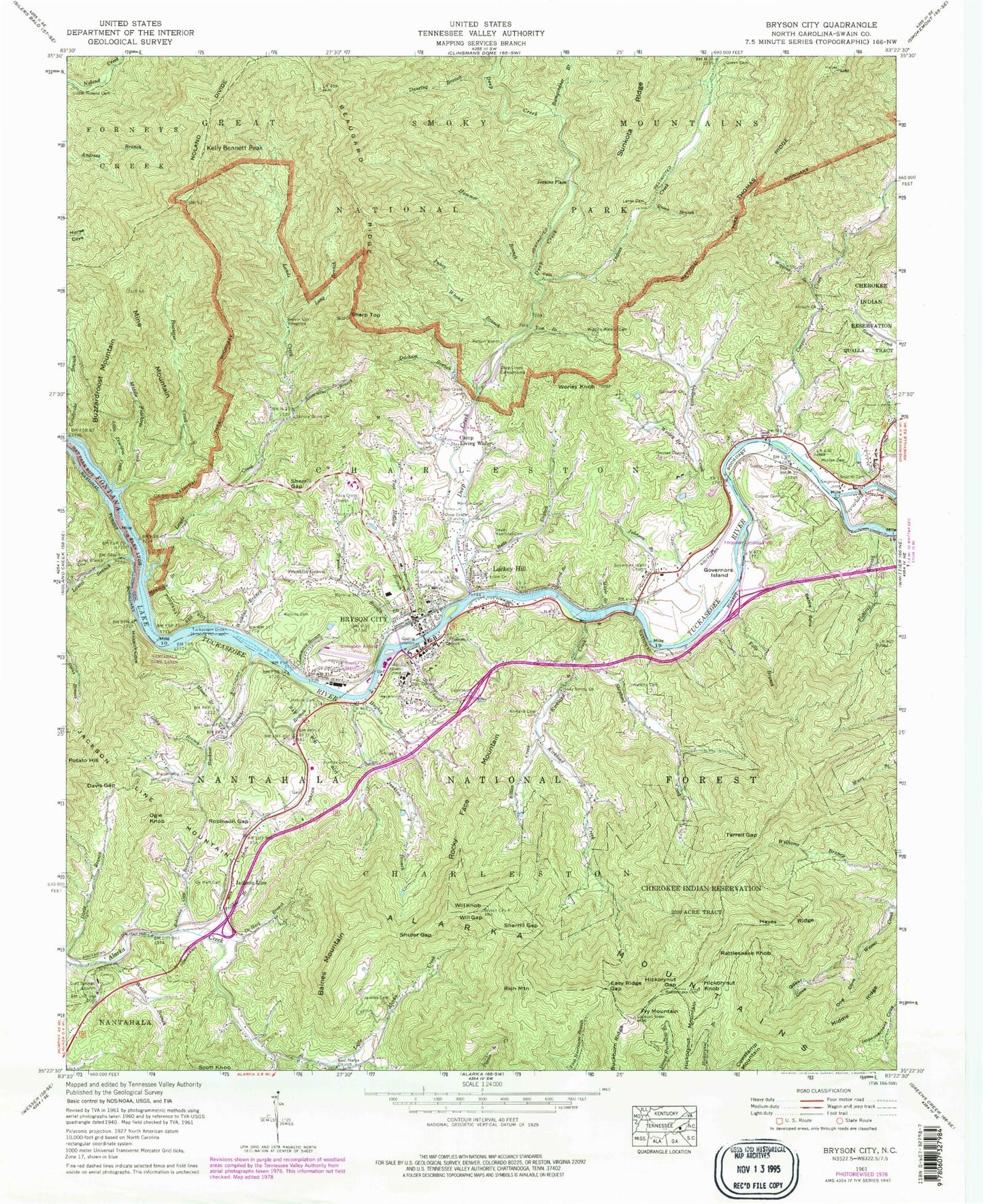 Classic USGS Bryson City North Carolina 7.5'x7.5' Topo Map Image