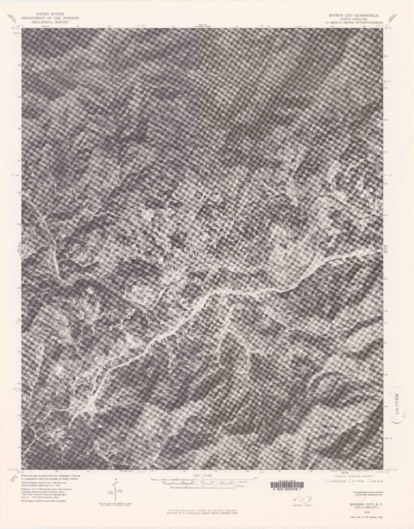 Classic USGS Bryson City North Carolina 7.5'x7.5' Topo Map Image