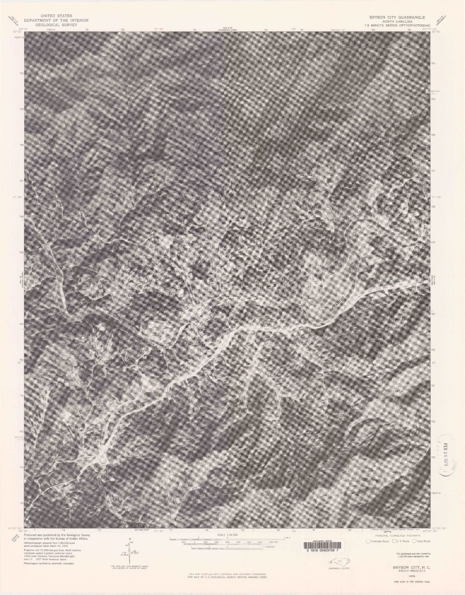 Classic USGS Bryson City North Carolina 7.5'x7.5' Topo Map Image