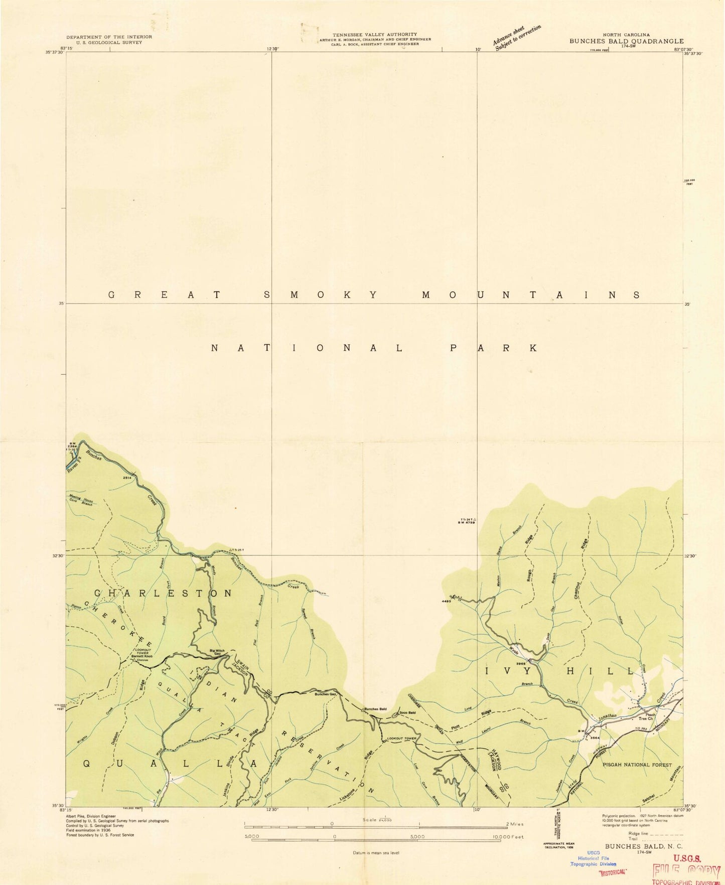 Classic USGS Bunches Bald North Carolina 7.5'x7.5' Topo Map Image