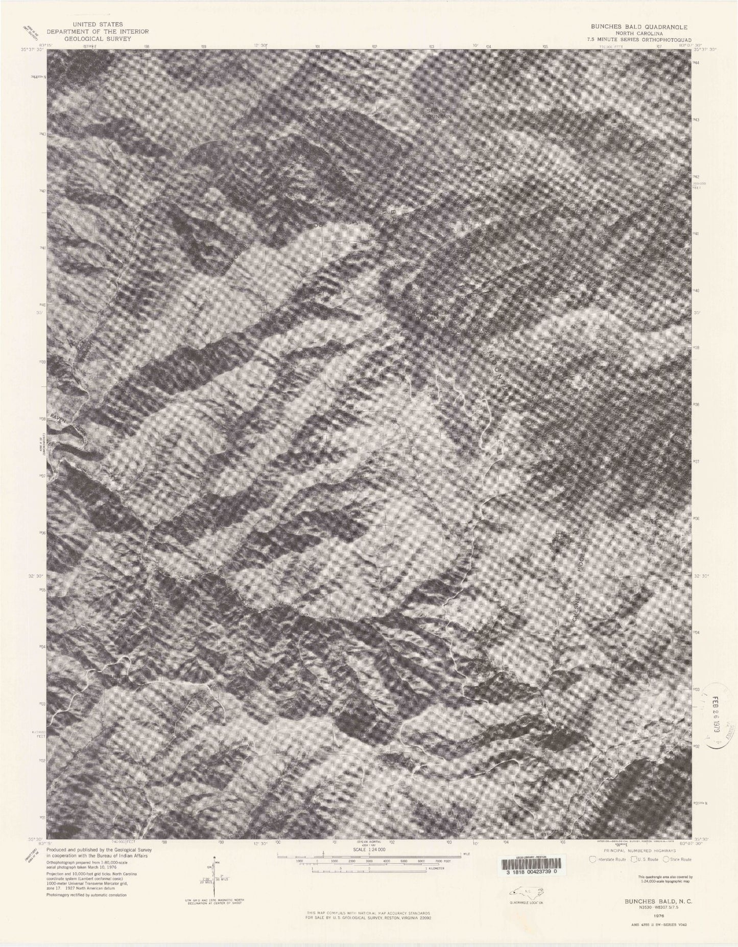 Classic USGS Bunches Bald North Carolina 7.5'x7.5' Topo Map Image