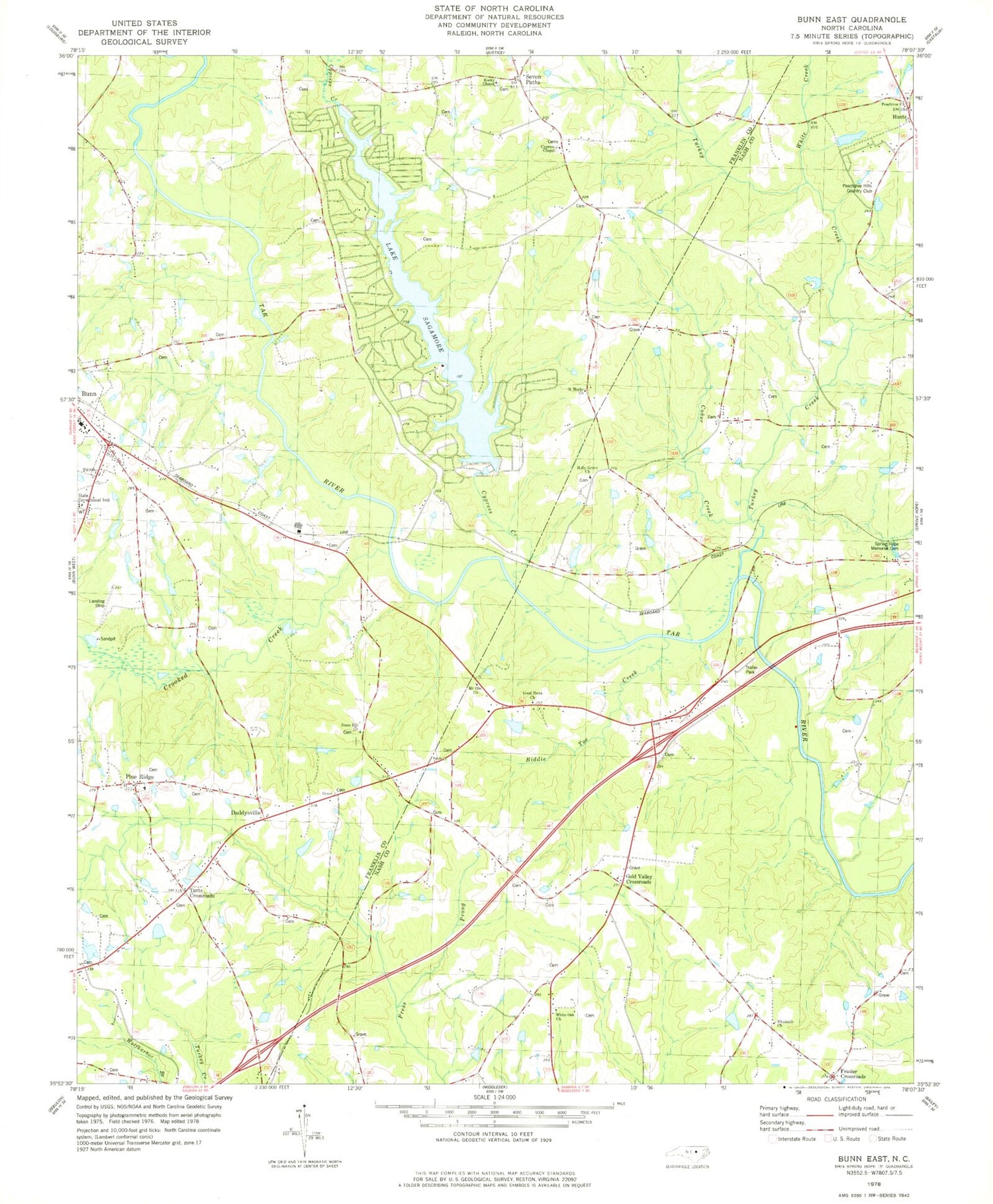 Classic USGS Bunn East North Carolina 7.5'x7.5' Topo Map Image