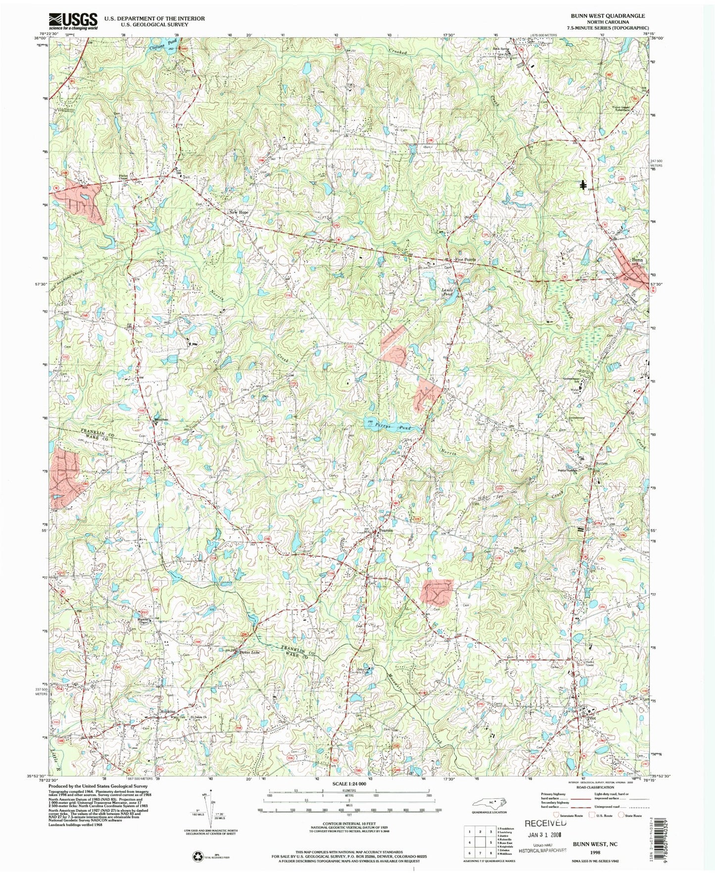 Classic USGS Bunn West North Carolina 7.5'x7.5' Topo Map Image